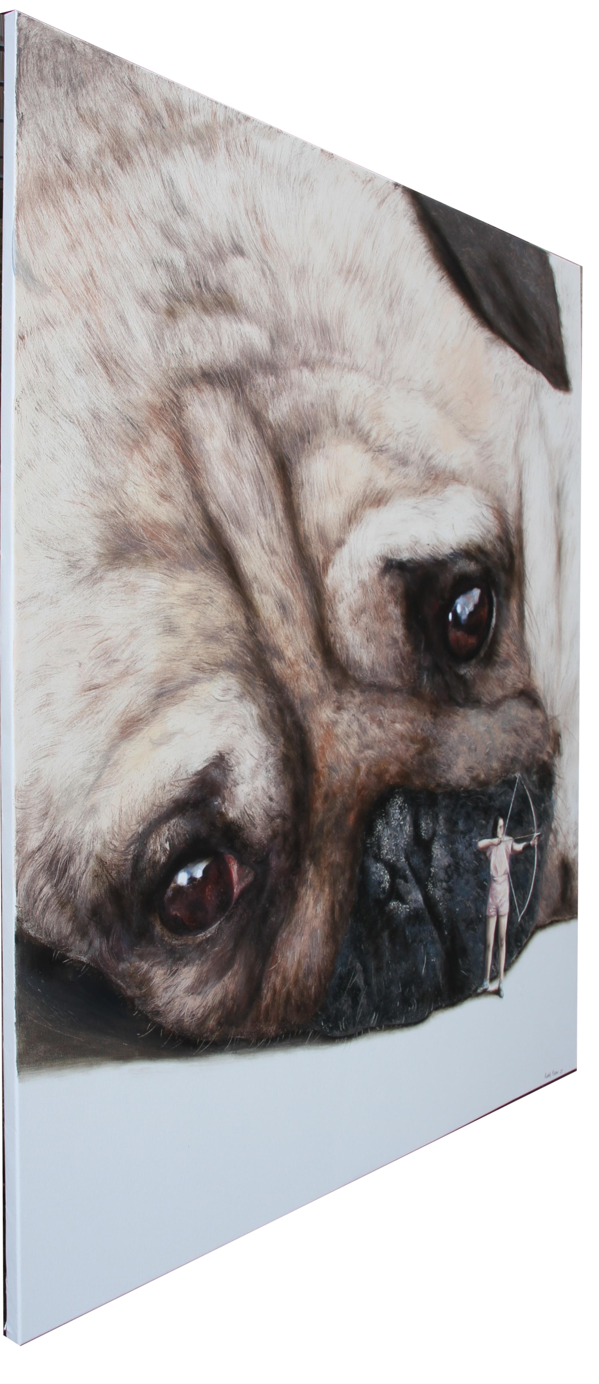 Protectress (pug, lady archer, bow, arrow, neutrals, surrealism, oil painting) - Painting by Rudolf Kosow