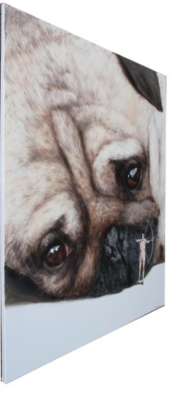 Protectress (pug, lady archer, bow, arrow, neutrals, surrealism, oil painting)