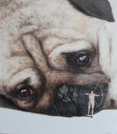 Protectress (pug, lady archer, bow, arrow, neutrals, surrealism, oil painting)