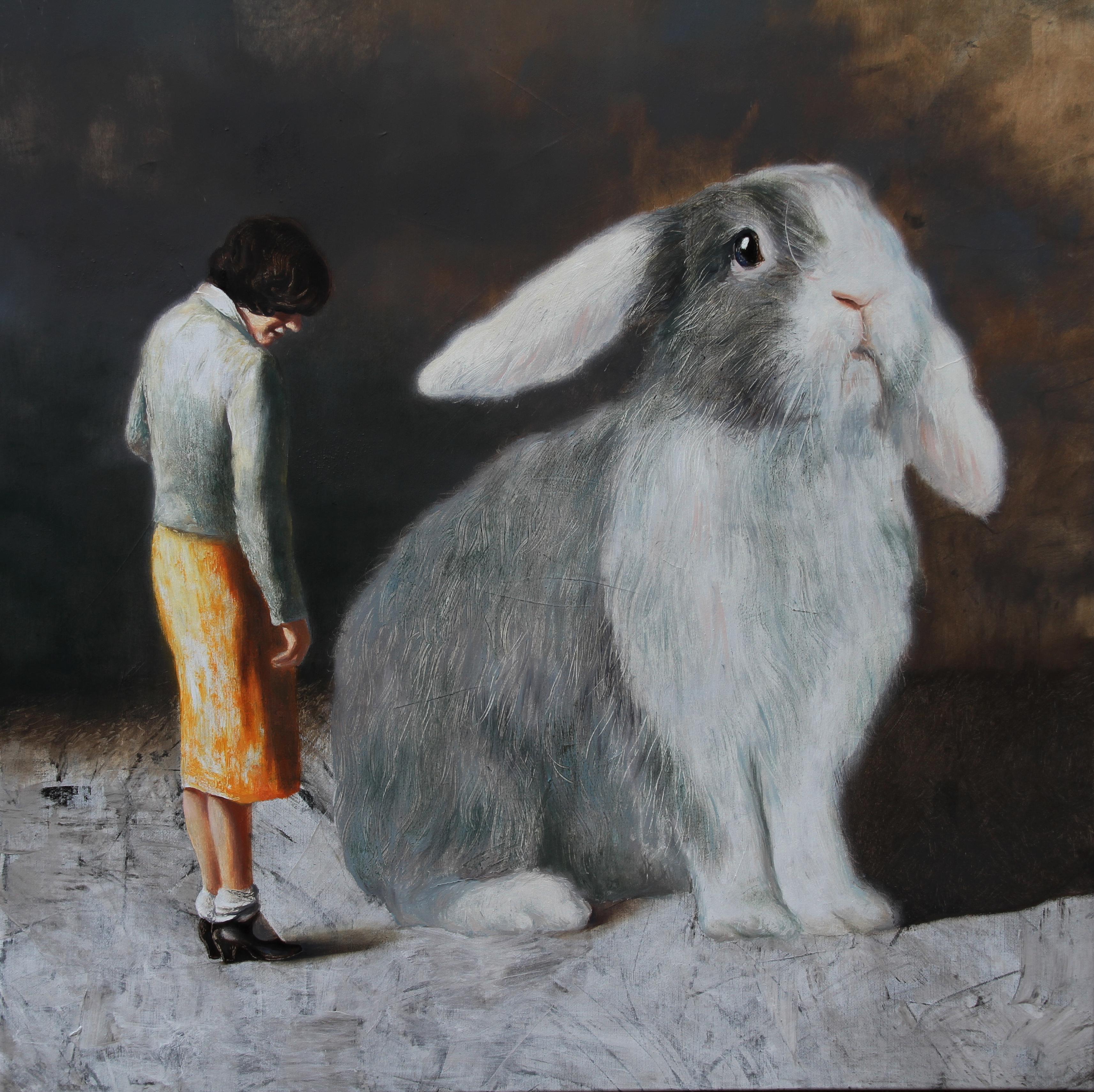 Rudolf Kosow Animal Painting - Rabbit 2 s (surrealist oil painting woman rabbit figurative vintage earth tone