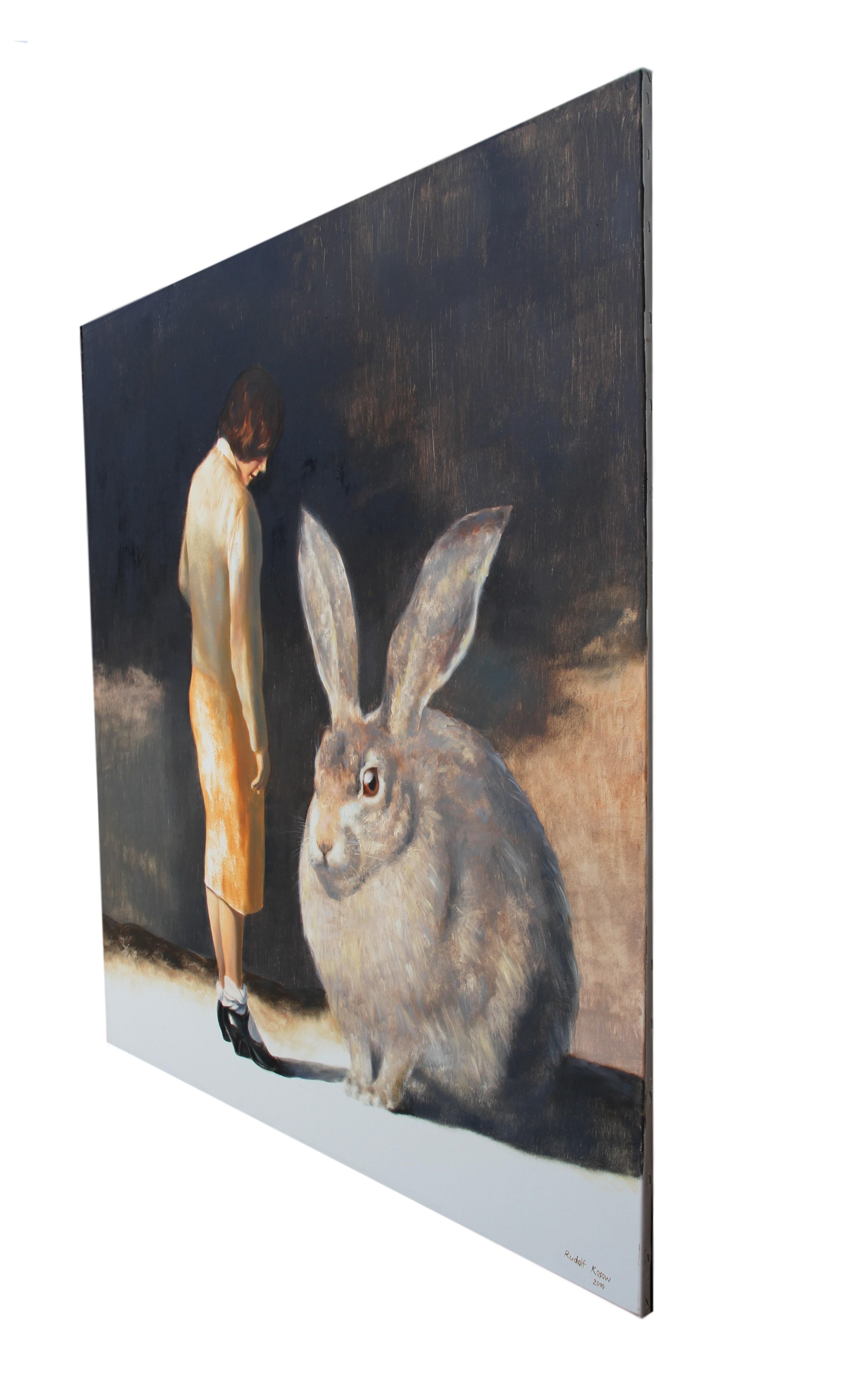 Rabbit (surrealist oil painting woman giant rabbit figurative vintage earth tone - Surrealist Painting by Rudolf Kosow
