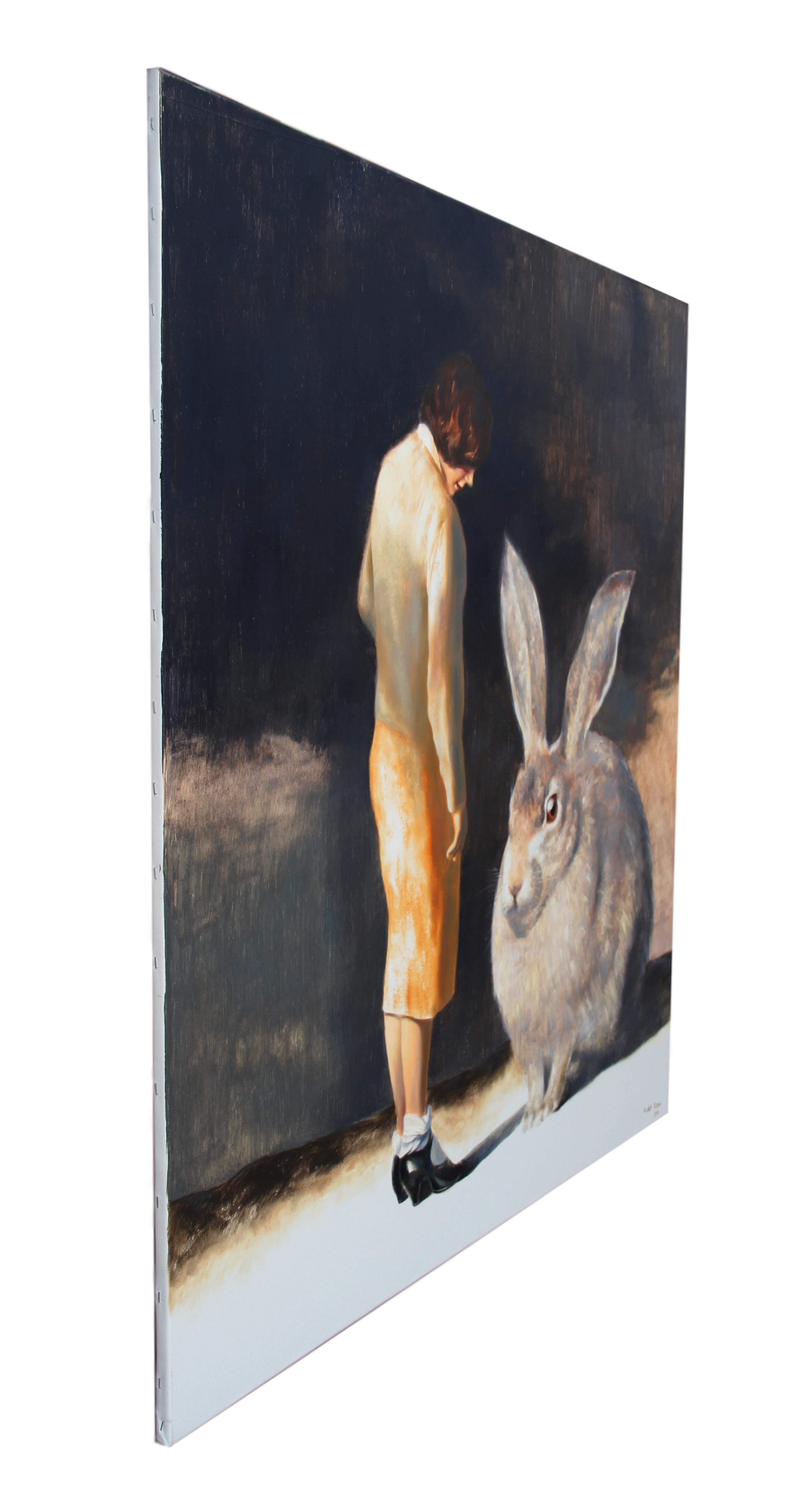 Rabbit (surrealist oil painting woman giant rabbit figurative vintage earth tone - Black Animal Painting by Rudolf Kosow