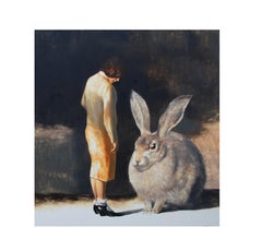 Rabbit (surrealist oil painting woman giant rabbit figurative vintage earth tone