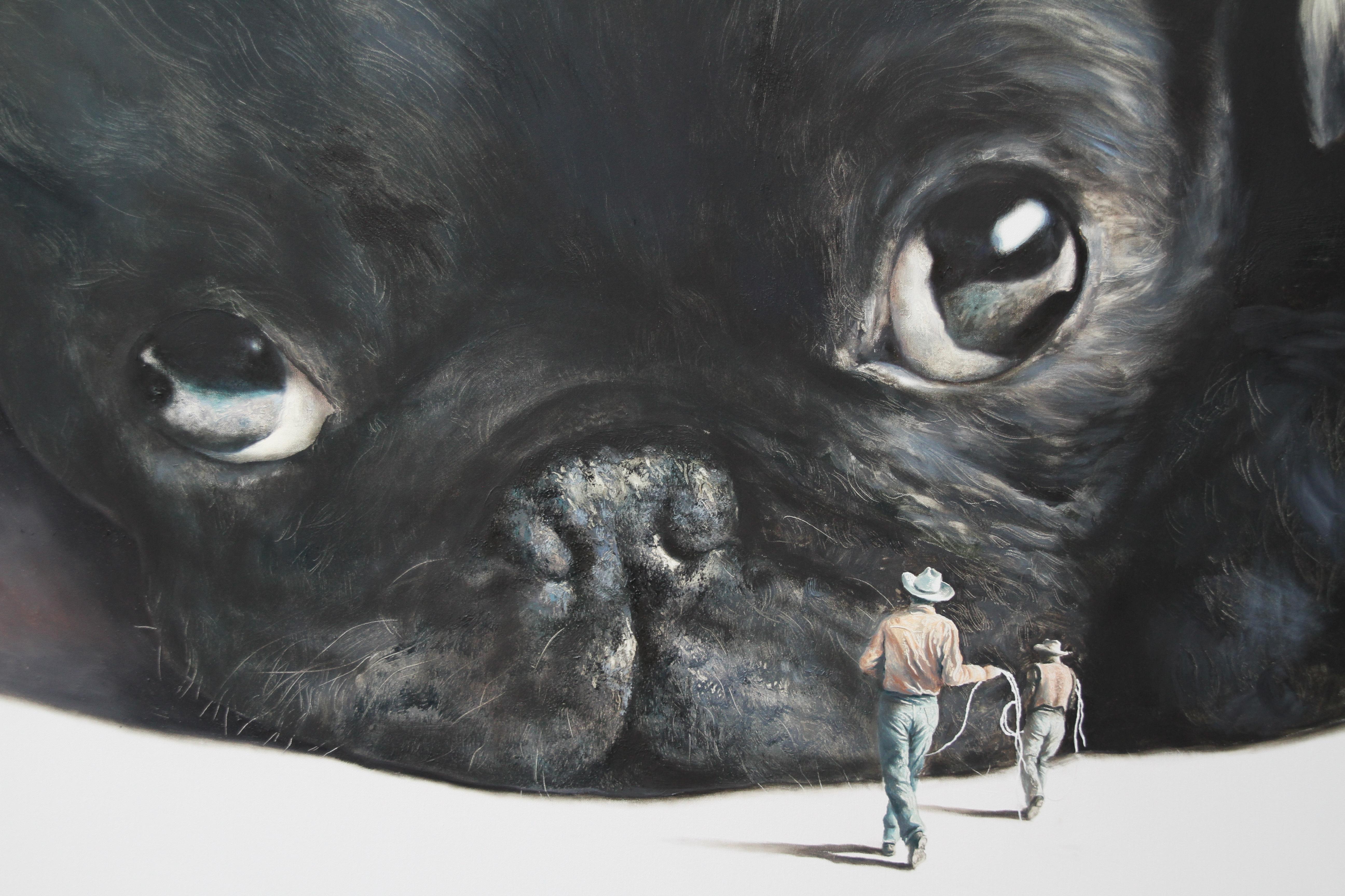 REBEL (black pug carlin cowboys lasso vintage americana surrealist oil painting) - Painting by Rudolf Kosow