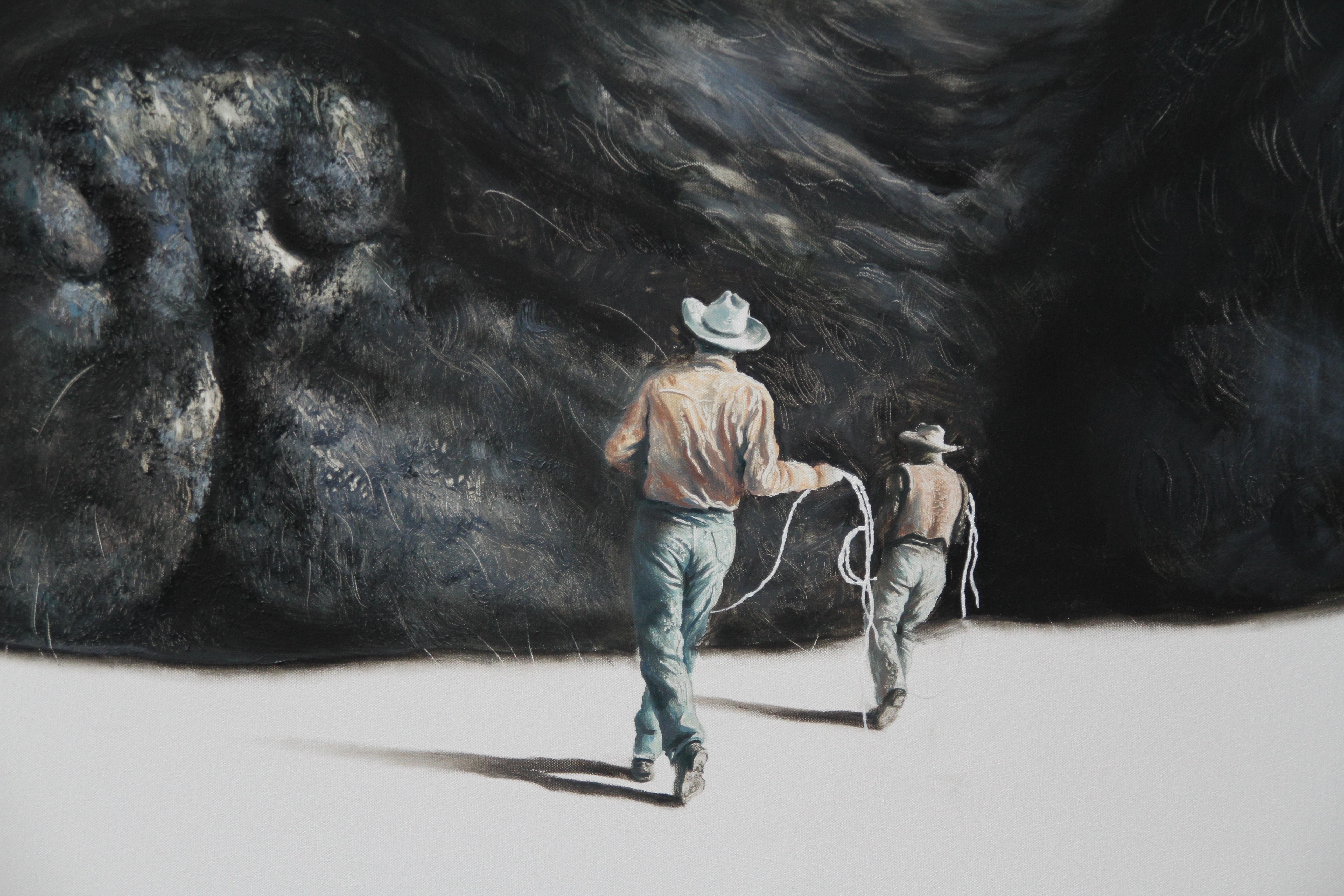 REBEL (black pug carlin cowboys lasso vintage americana surrealist oil painting) - Surrealist Painting by Rudolf Kosow