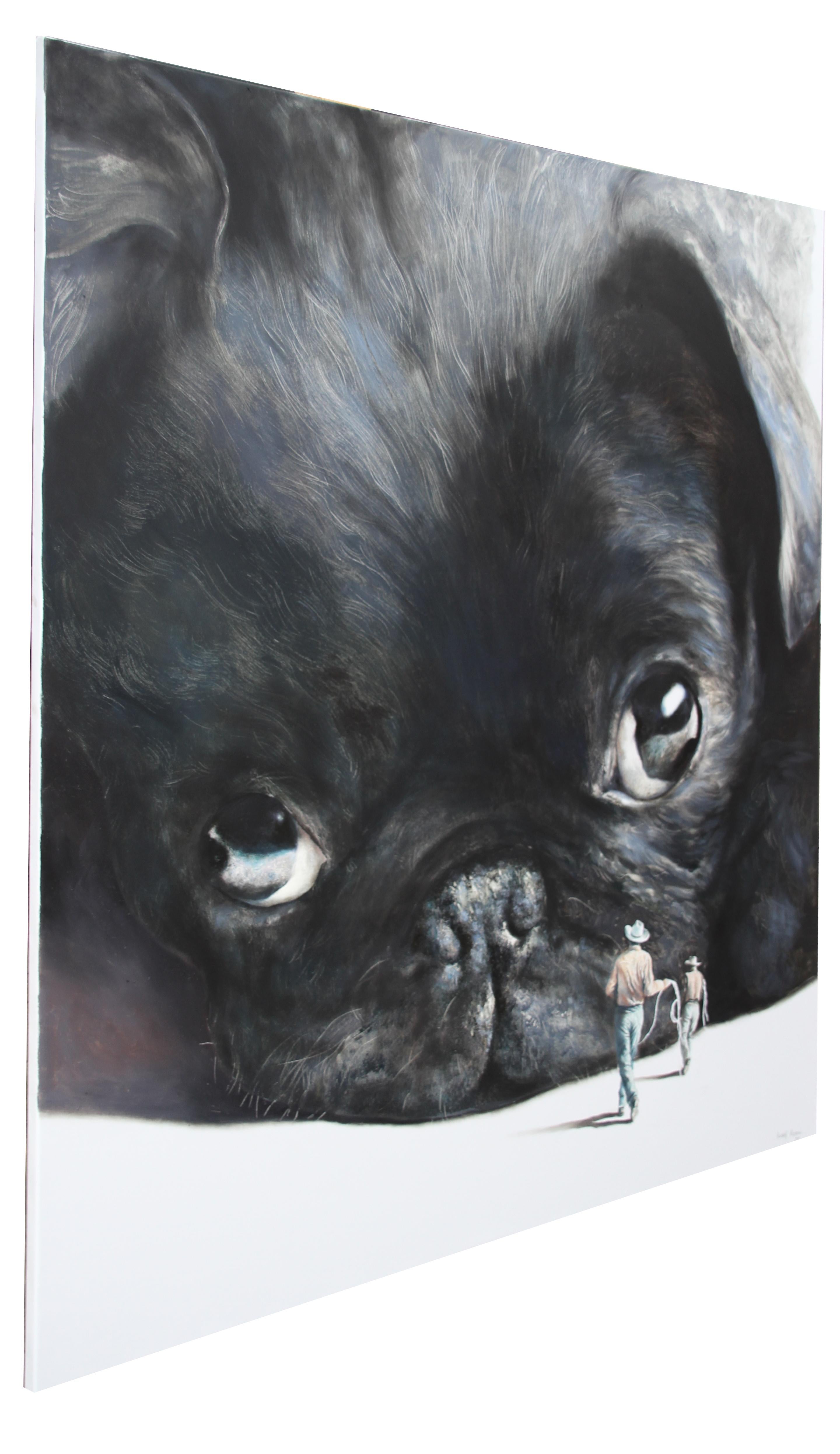REBEL (black pug carlin cowboys lasso vintage americana surrealist oil painting) - Black Figurative Painting by Rudolf Kosow