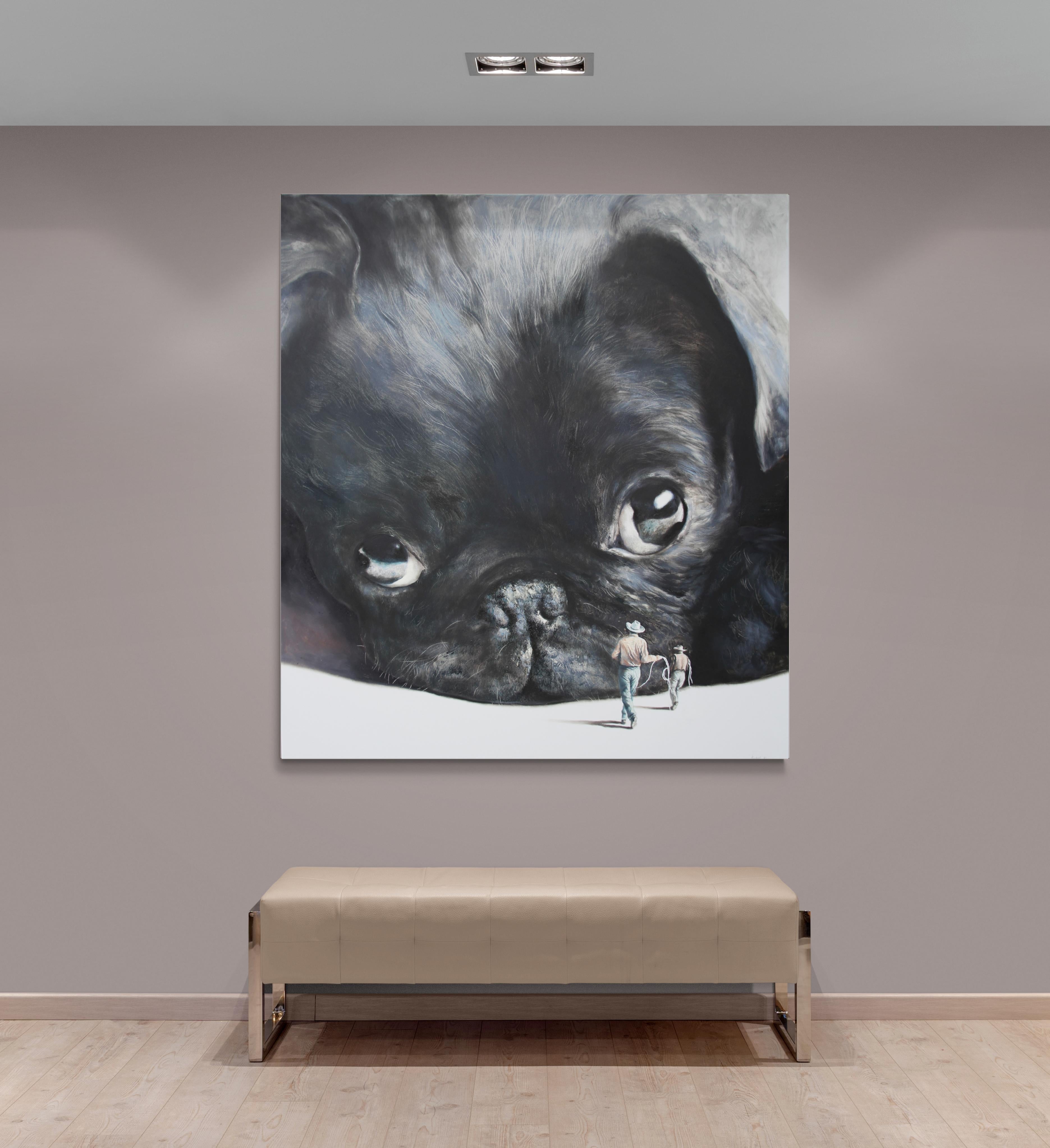 A colossal black pug, its head resting heavily on the ground, gazes outward with an expression both sorrowful and unyielding. Its vast, glossy eyes shimmer with quiet defiance, reflecting an unseen world. The meticulously rendered fur—deep blacks