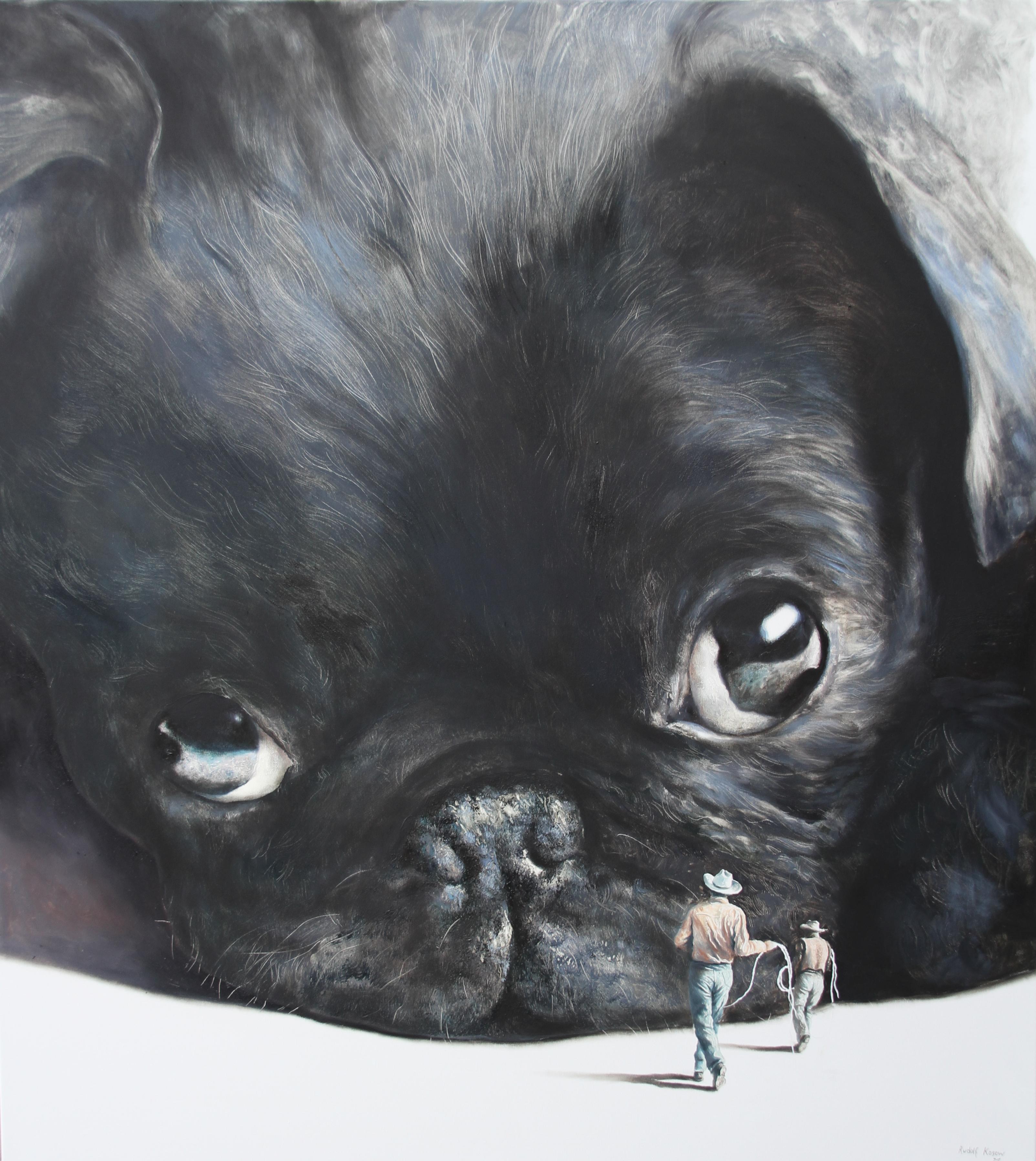 Rudolf Kosow Figurative Painting - REBEL (black pug carlin cowboys lasso vintage americana surrealist oil painting)