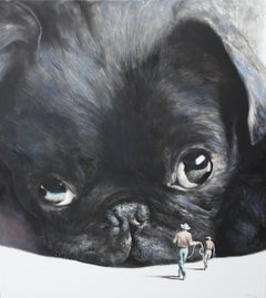REBEL (black pug carlin cowboys lasso vintage americana surrealist oil painting)