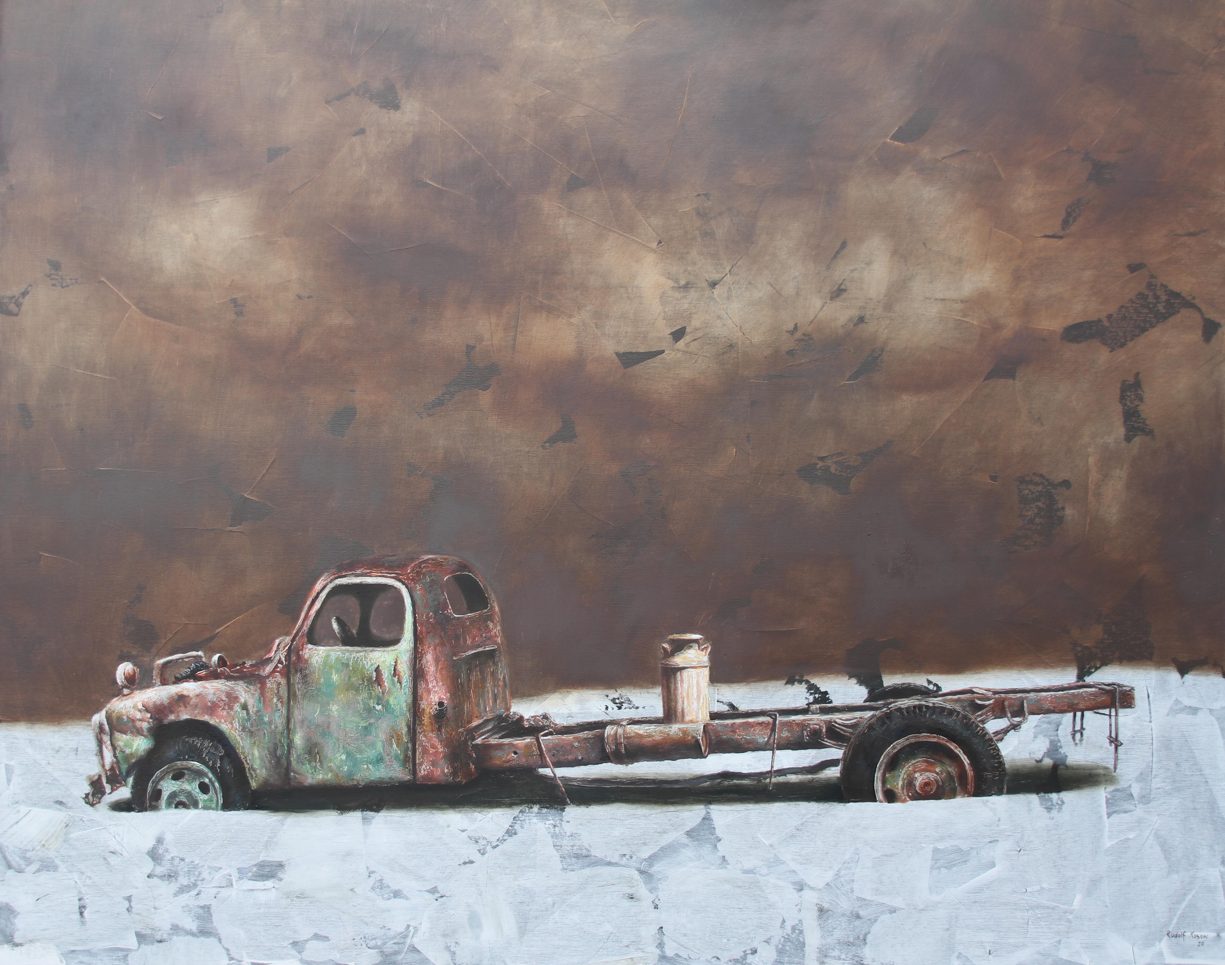 Rudolf Kosow Still-Life Painting – Relic 2.18 (Vintage-Auto, altes rostfarbenes Lkw-Wreck, nostalgisches monochromes Ölgemälde)