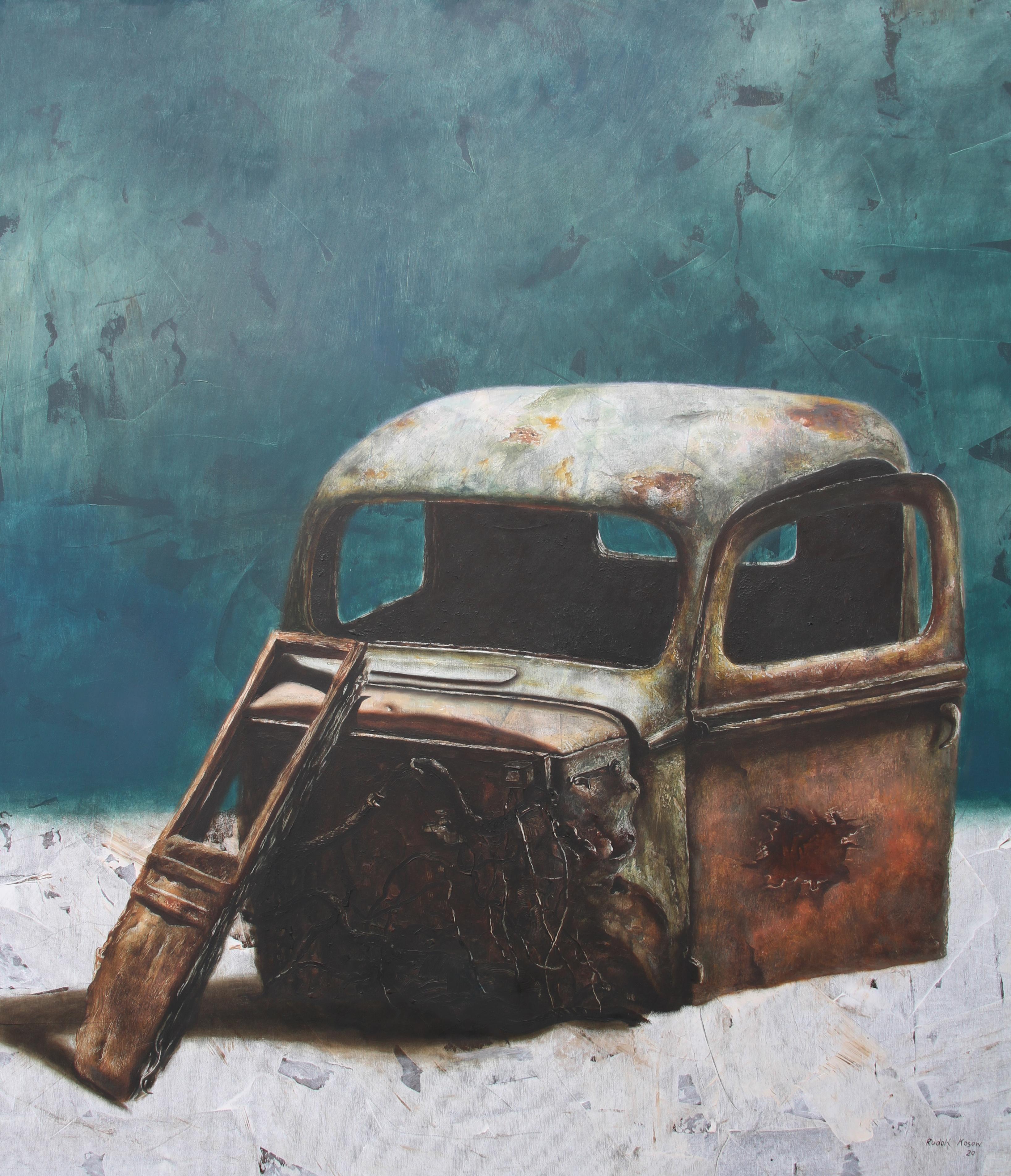 Rudolf Kosow Landscape Painting - Relic 2.20 (vintage teal old rusty truck wreck nostalgia monochrome oil painting