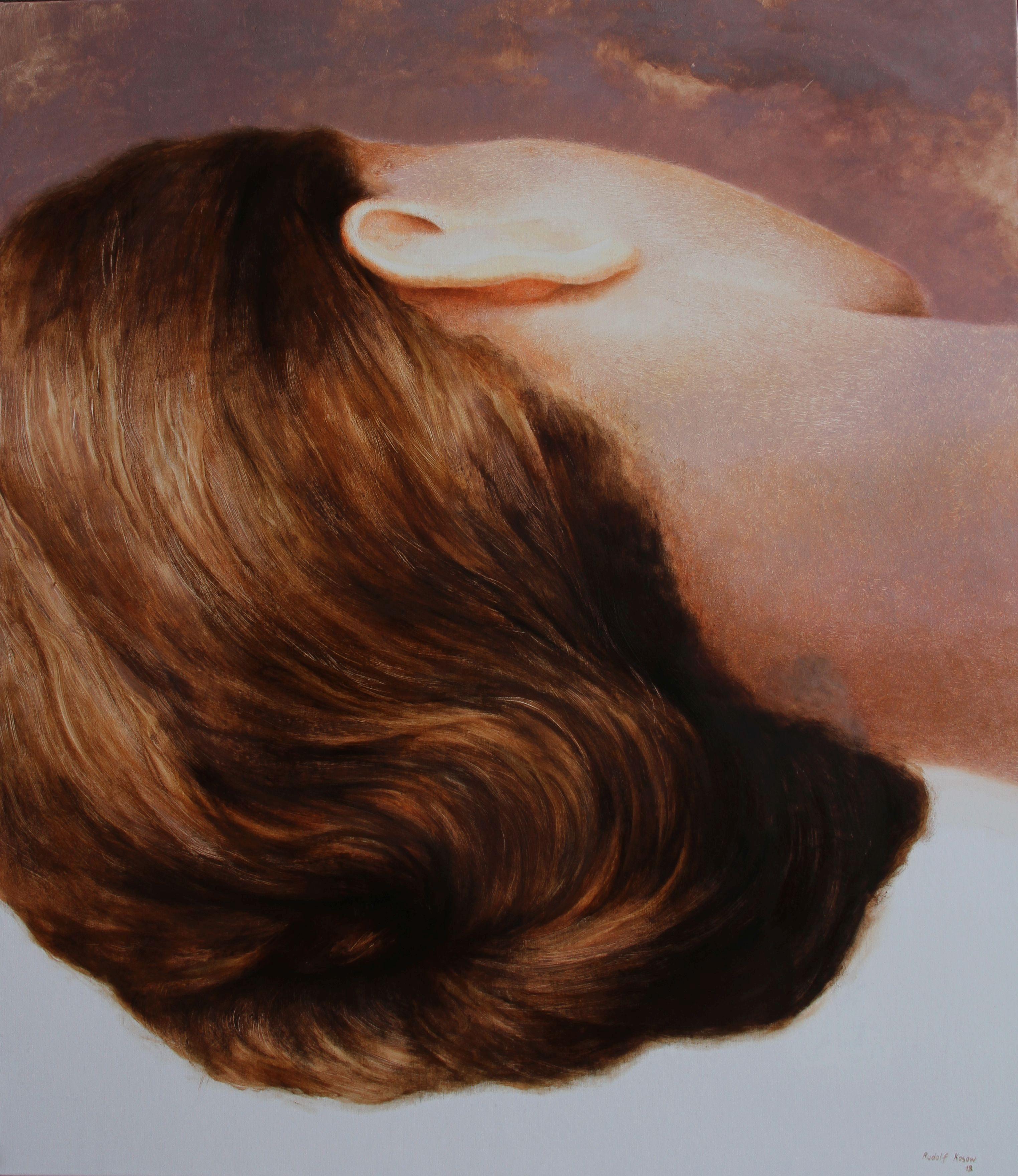 Figurative Painting de Rudolf Kosow - Reposo (bella durmiente mujer pelo retrato figurativo pintura al óleo tonos carne