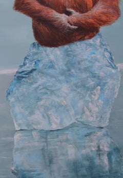 Reunited (monkeys orangutans iceberg arctic surrealist oil painting light blue)