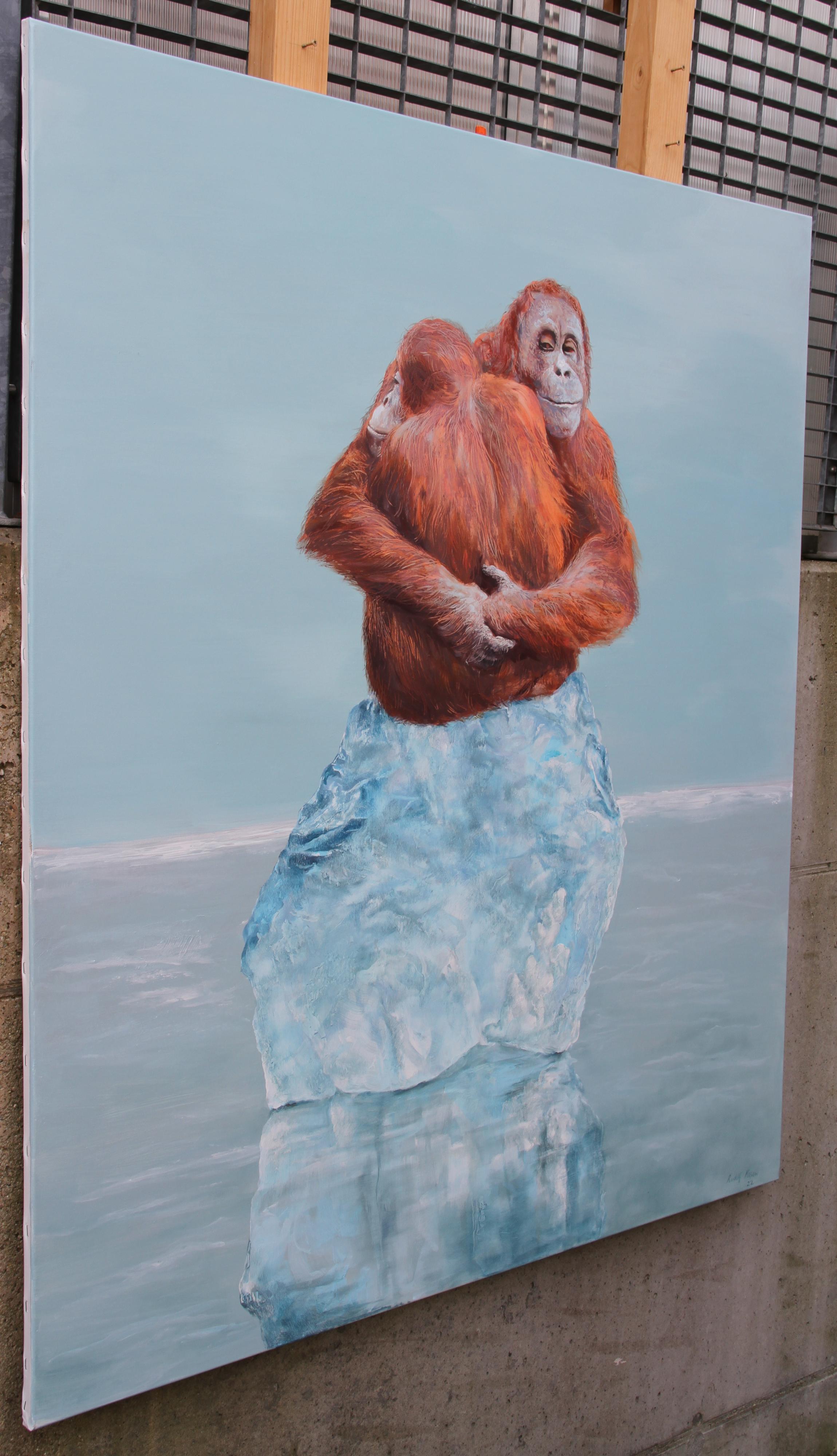 Reunited (Männer orangutans iceberg arctic surrealistisches Ölgemälde hellblau) (Surrealismus), Painting, von Rudolf Kosow