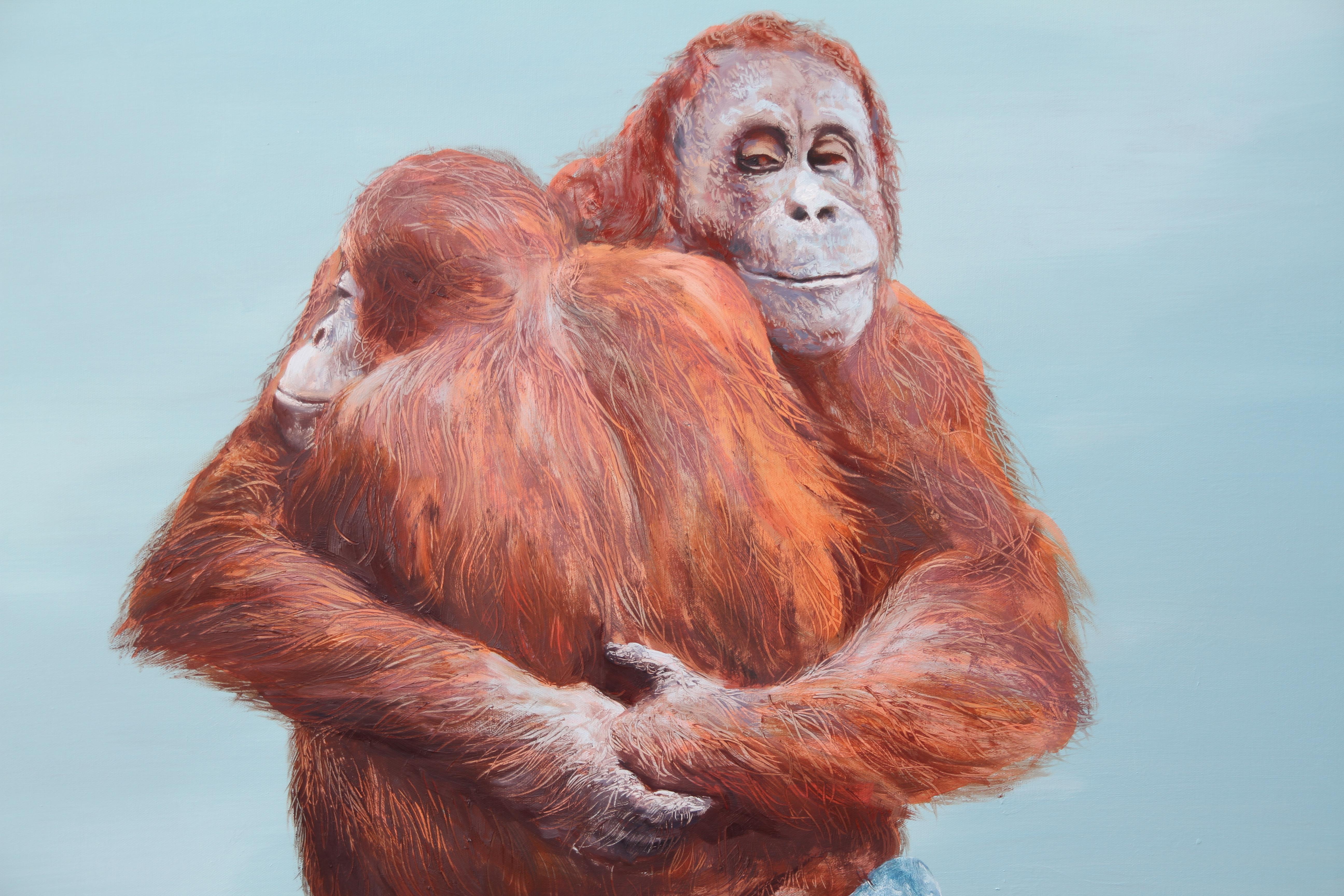 Reunited (Männer orangutans iceberg arctic surrealistisches Ölgemälde hellblau) im Angebot 2