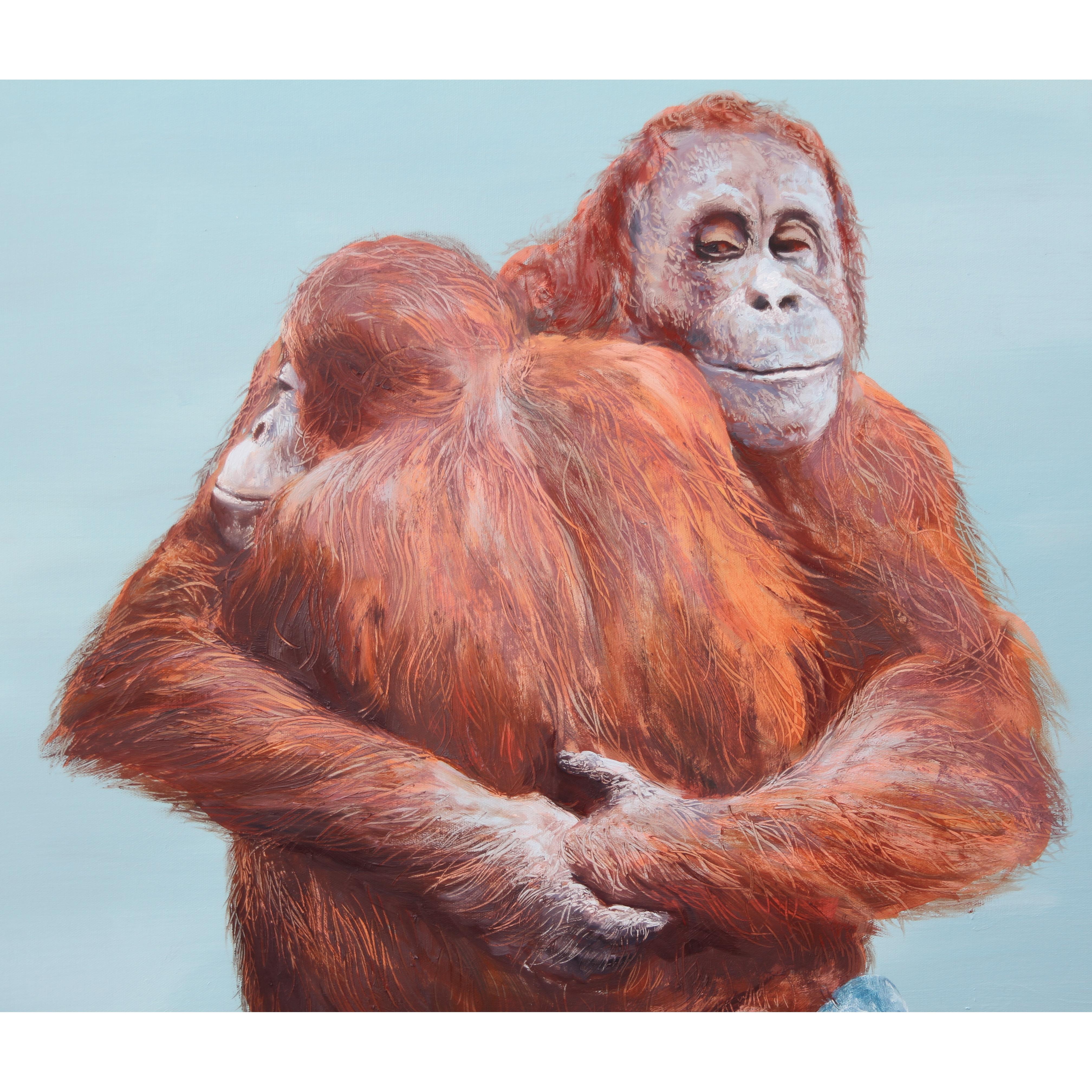 Reunited (Männer orangutans iceberg arctic surrealistisches Ölgemälde hellblau) im Angebot 3
