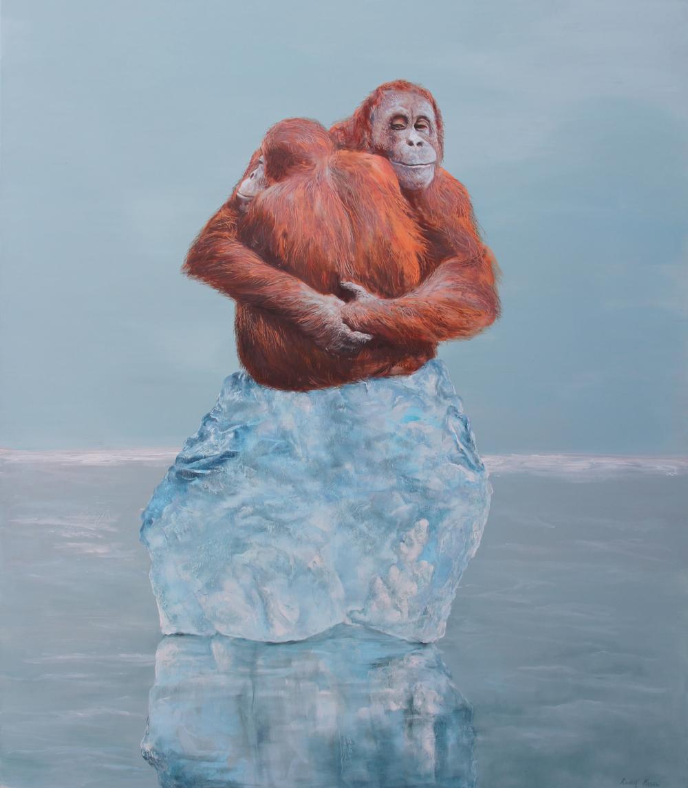 Rudolf Kosow Figurative Painting – Reunited (Männer orangutans iceberg arctic surrealistisches Ölgemälde hellblau)
