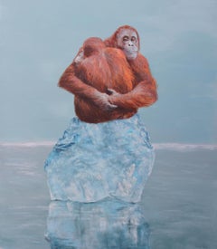 Reunited (monkeys orangutans iceberg arctic surrealist oil painting light blue)