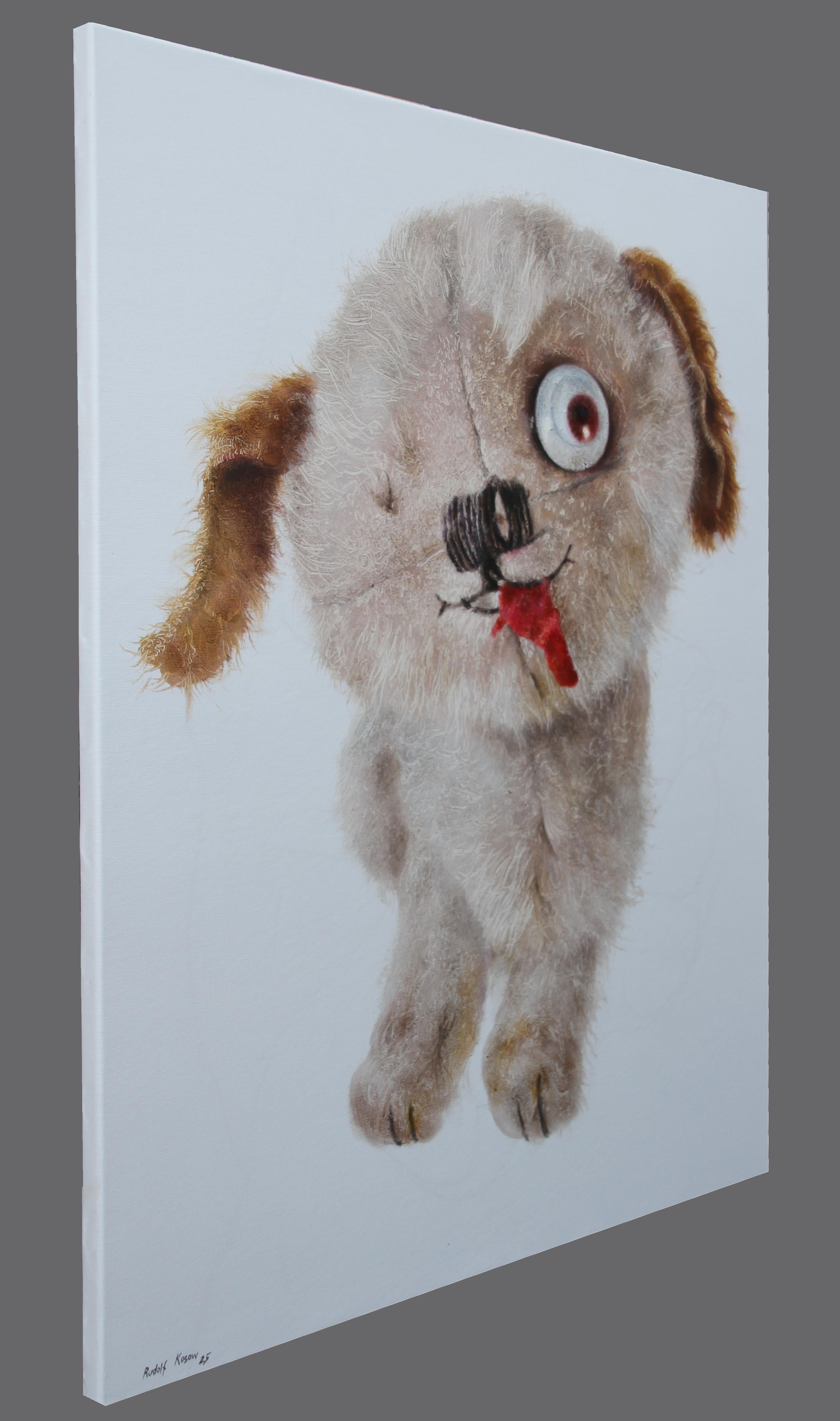 Rival (peinture à l'huile surréaliste, chien en peluche cassé, animal brun) en vente 5