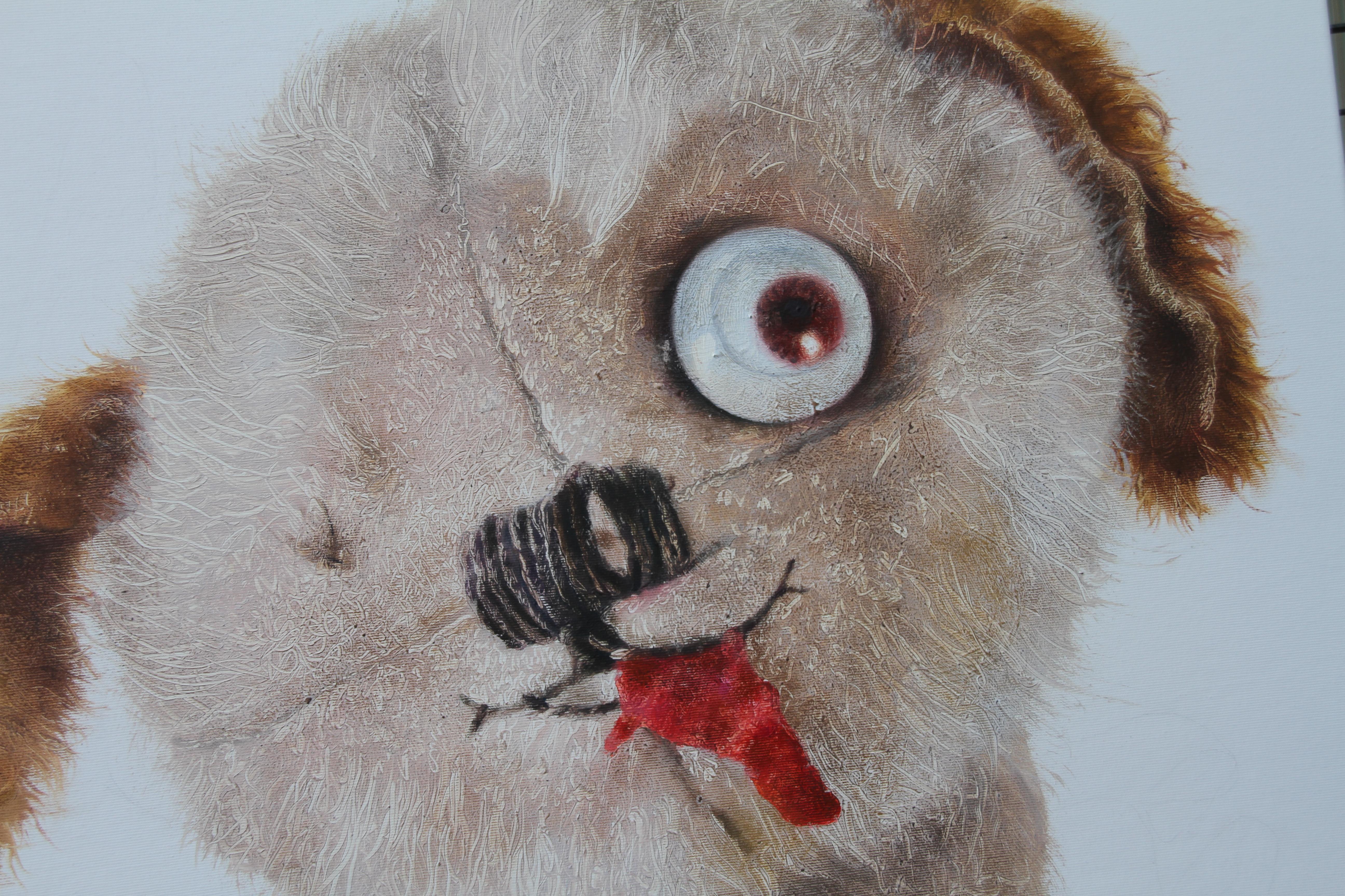 Rival (peinture à l'huile surréaliste, chien en peluche cassé, animal brun) - Surréalisme Painting par Rudolf Kosow