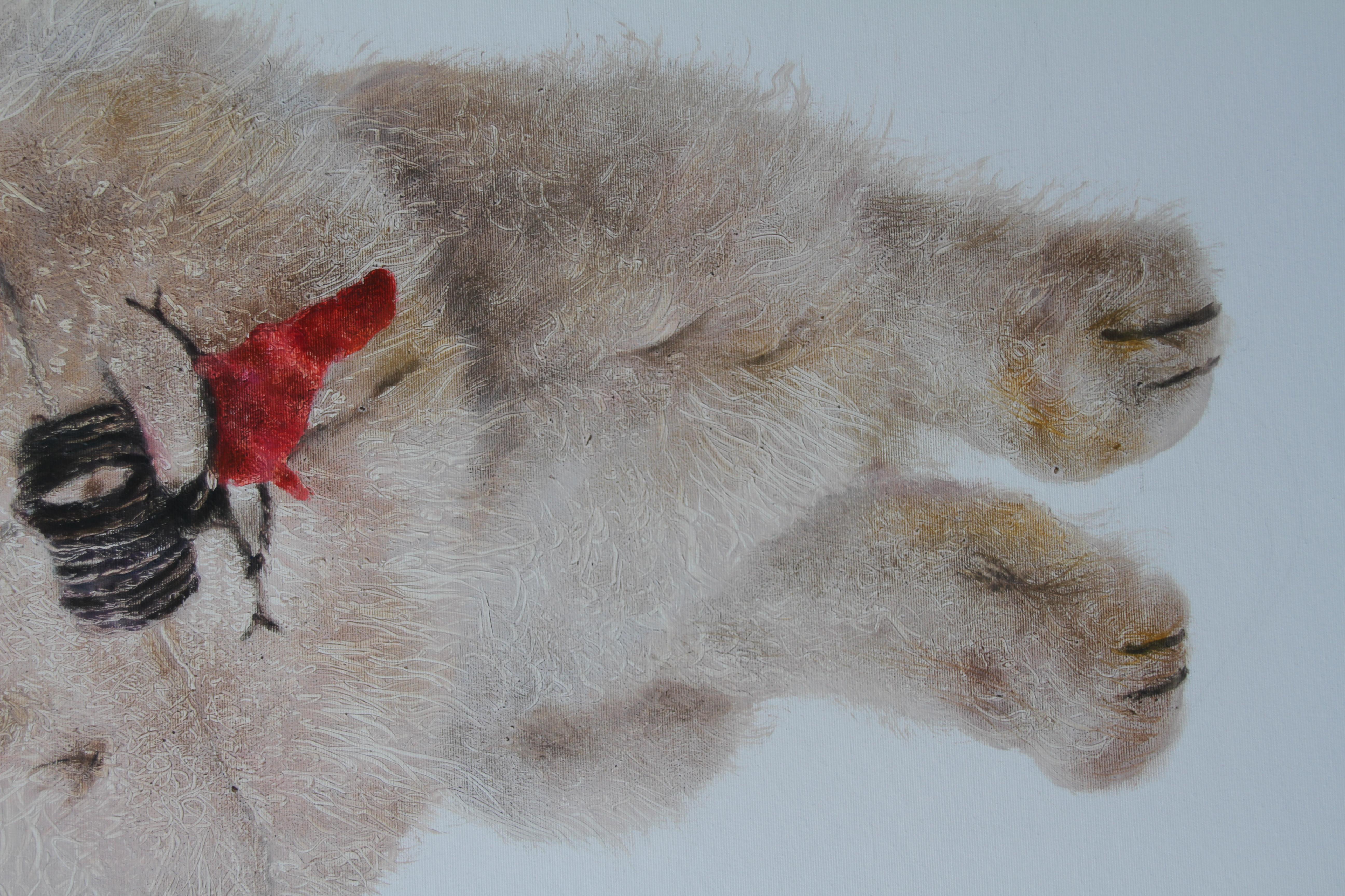 Rival (peinture à l'huile surréaliste, chien en peluche cassé, animal brun) - Gris Animal Painting par Rudolf Kosow