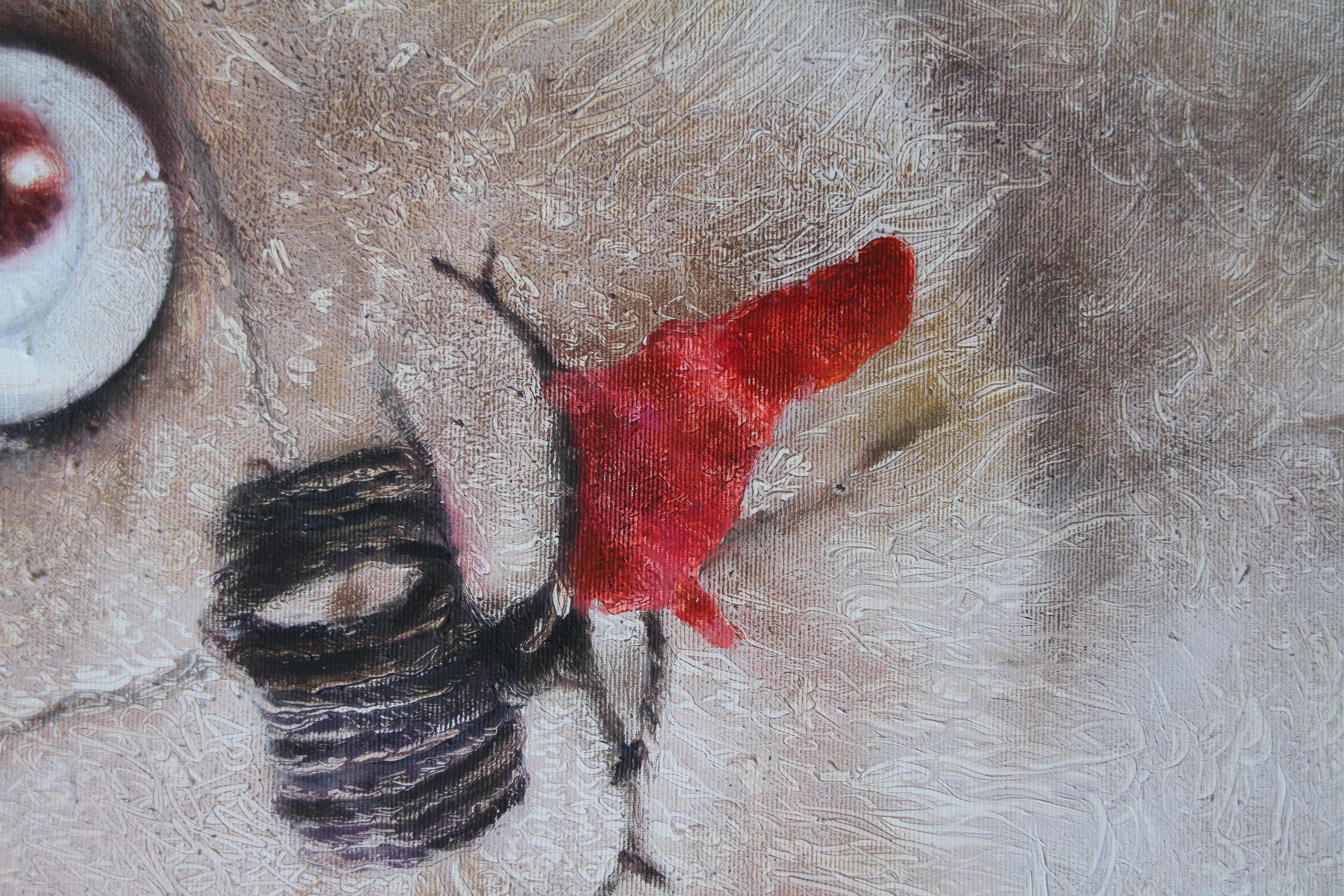 Rival (peinture à l'huile surréaliste, chien en peluche cassé, animal brun) en vente 1