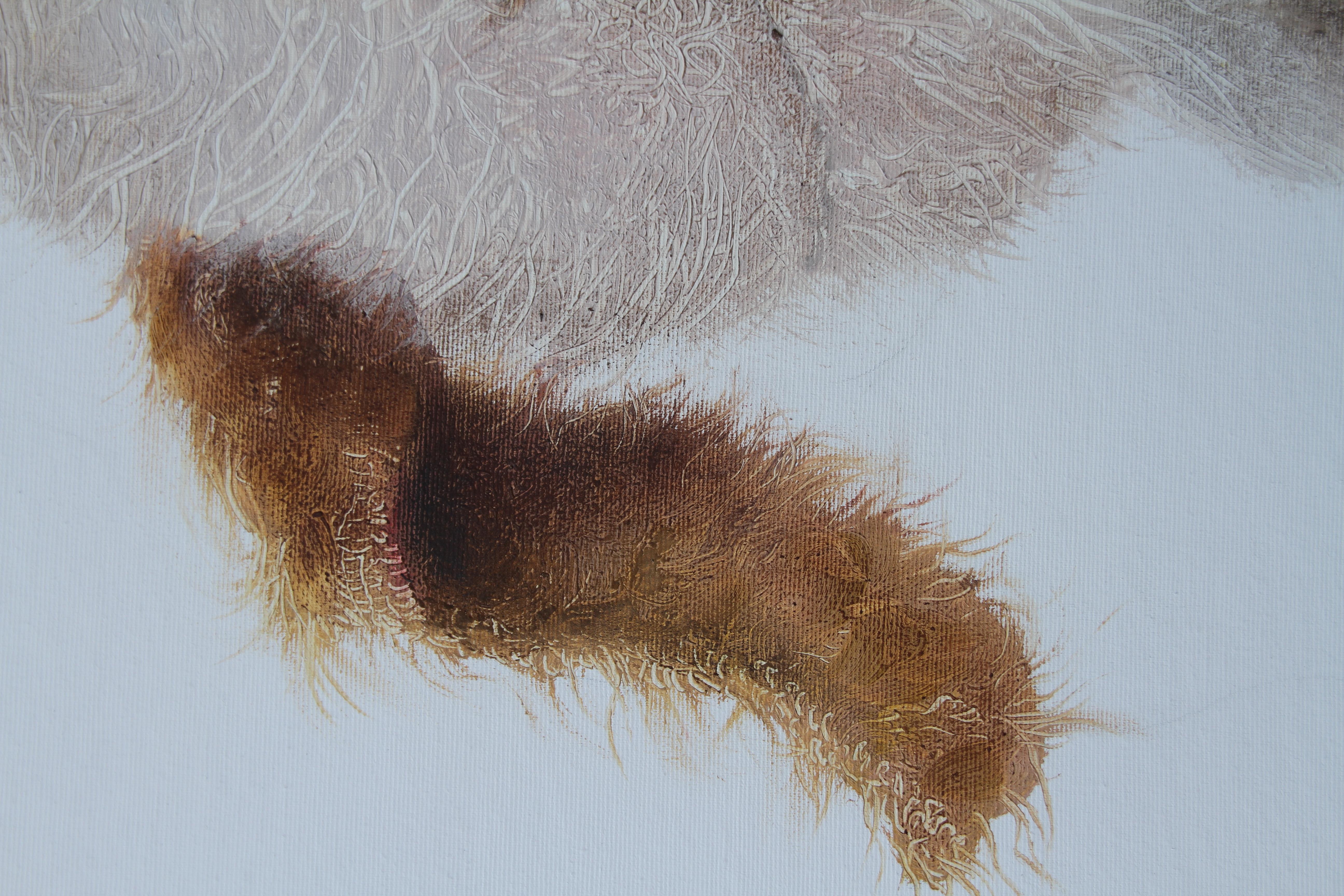 Rival (peinture à l'huile surréaliste, chien en peluche cassé, animal brun) en vente 2