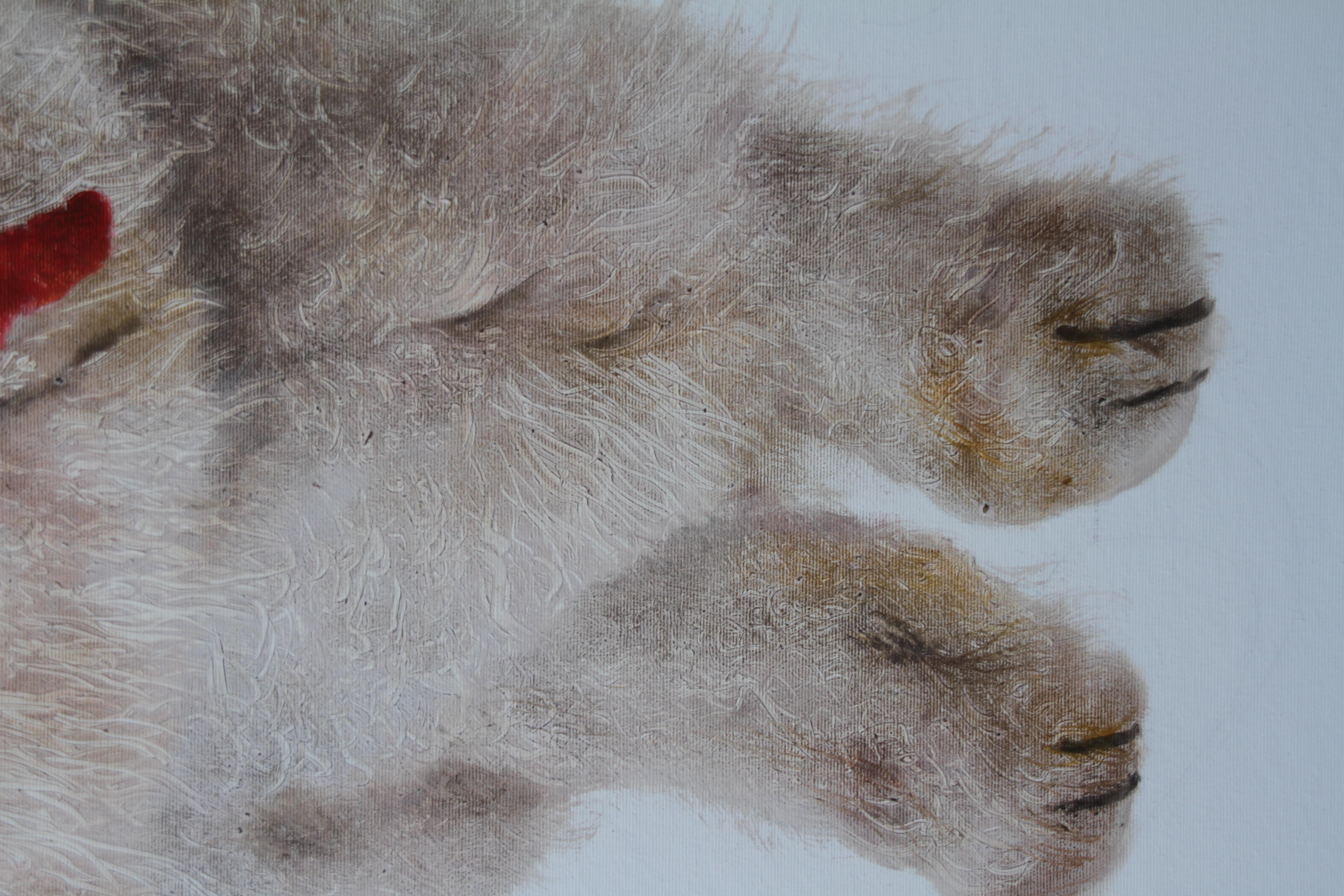 Rival (peinture à l'huile surréaliste, chien en peluche cassé, animal brun) en vente 3