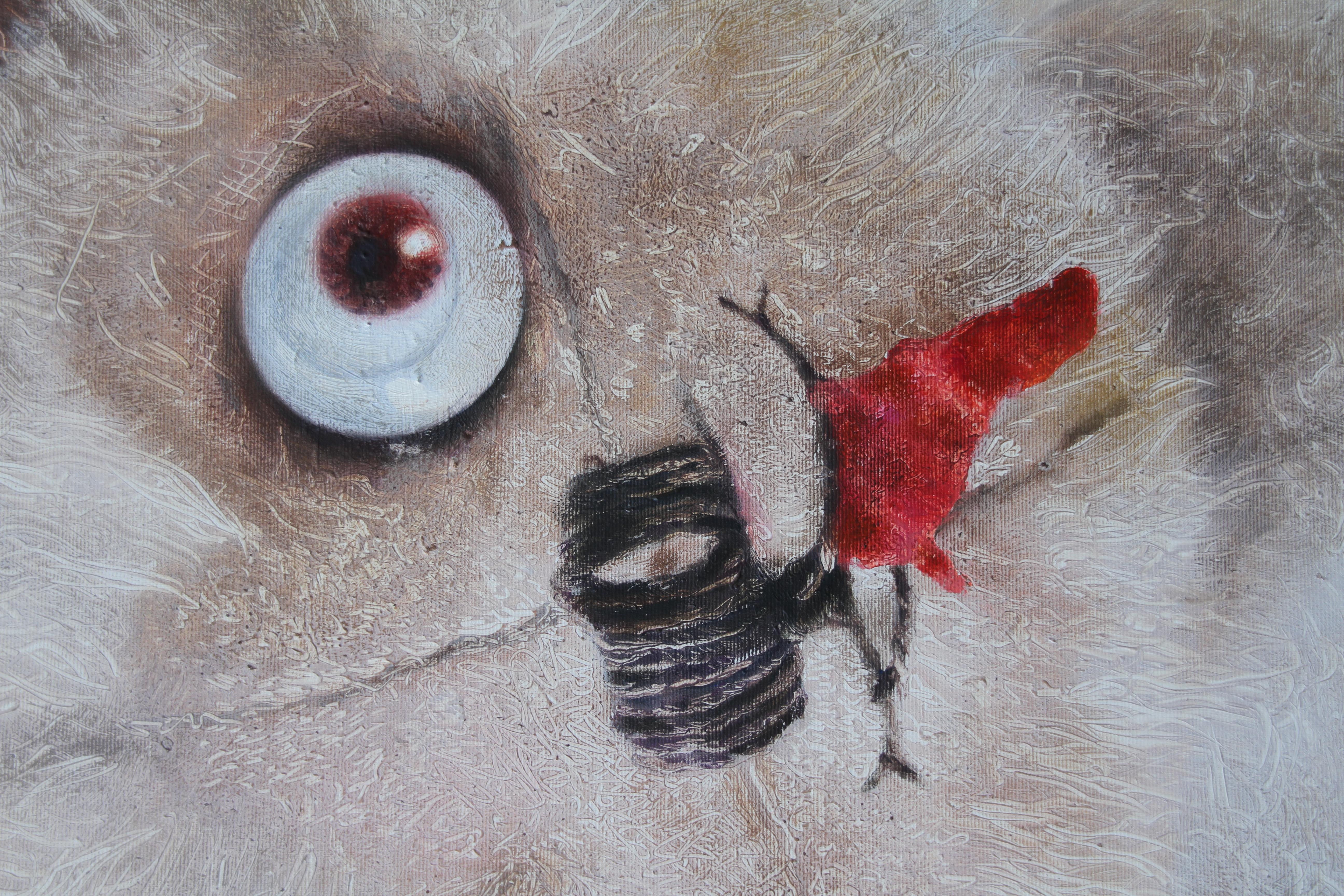 Rival (peinture à l'huile surréaliste, chien en peluche cassé, animal brun) en vente 4