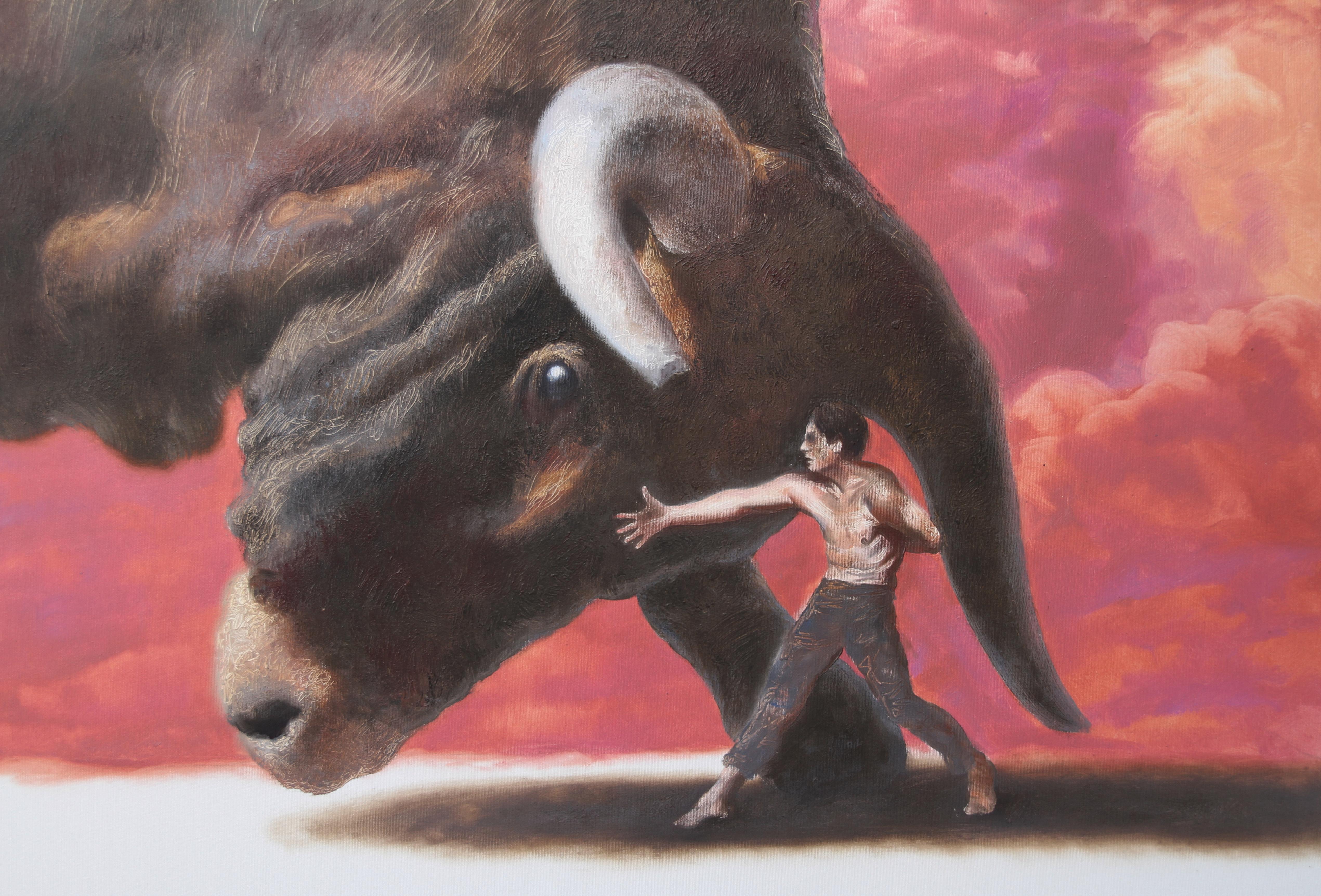 Rival (dipinto a olio surrealista toro rosso cielo uomo marrone animale) - Painting Surrealismo di Rudolf Kosow
