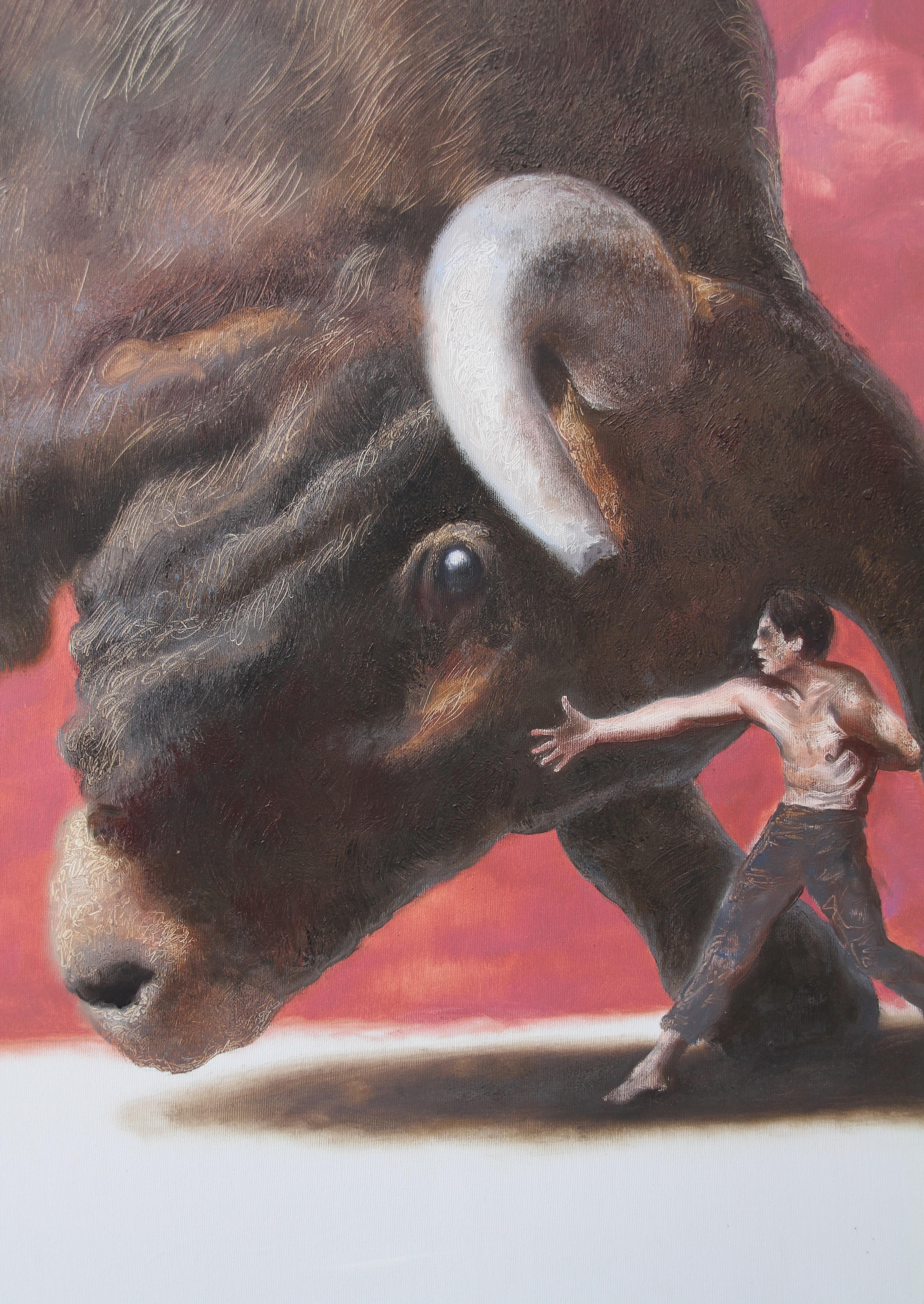 Rival (dipinto a olio surrealista toro rosso cielo uomo marrone animale) - Figurative Painting Marrone di Rudolf Kosow