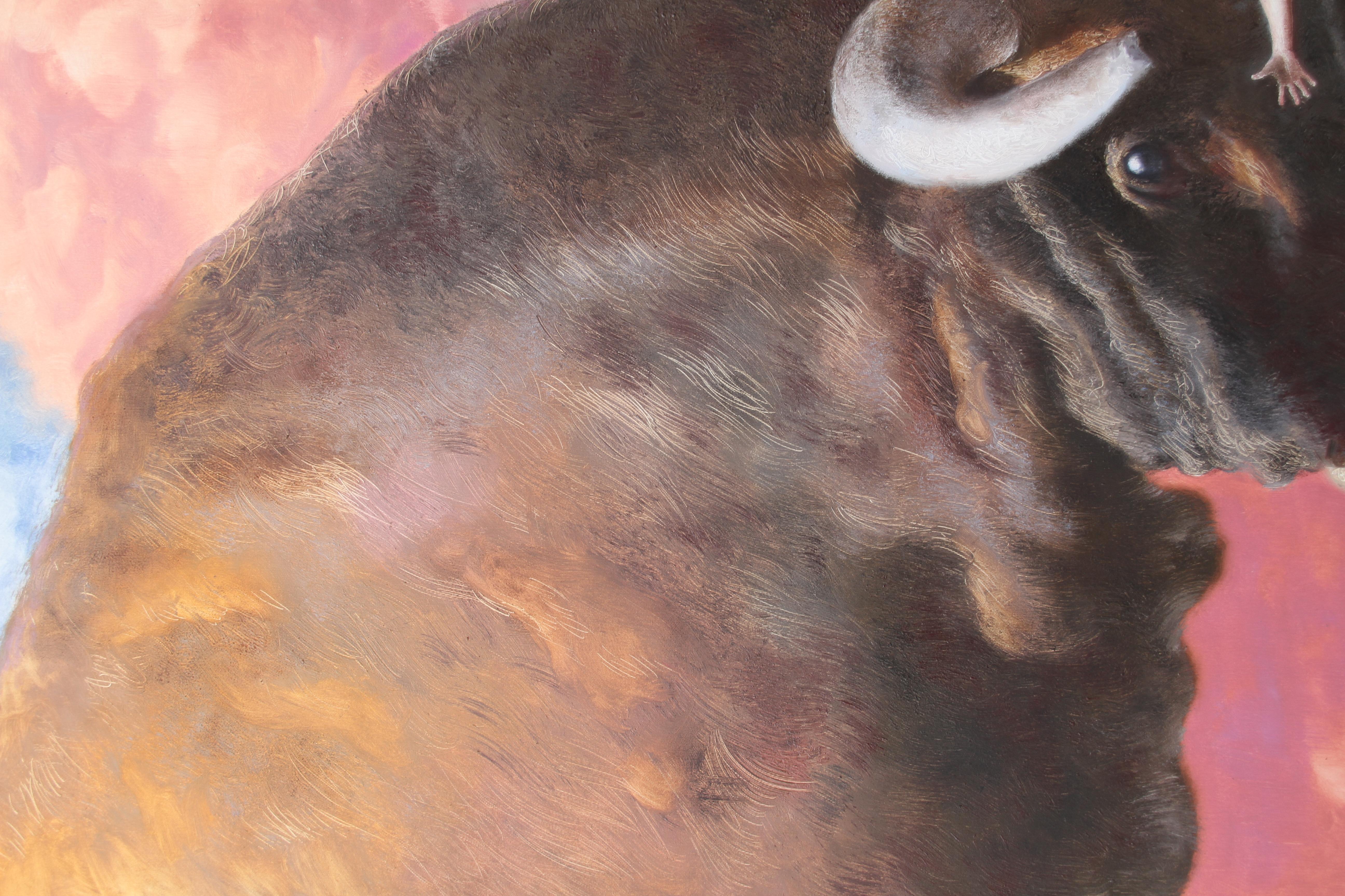 Rival (dipinto a olio surrealista toro rosso cielo uomo marrone animale) in vendita 1