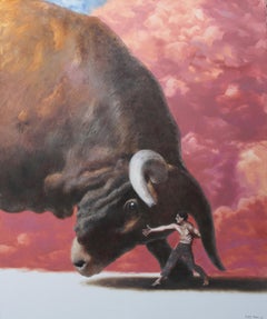Rival (dipinto a olio surrealista toro rosso cielo uomo marrone animale)