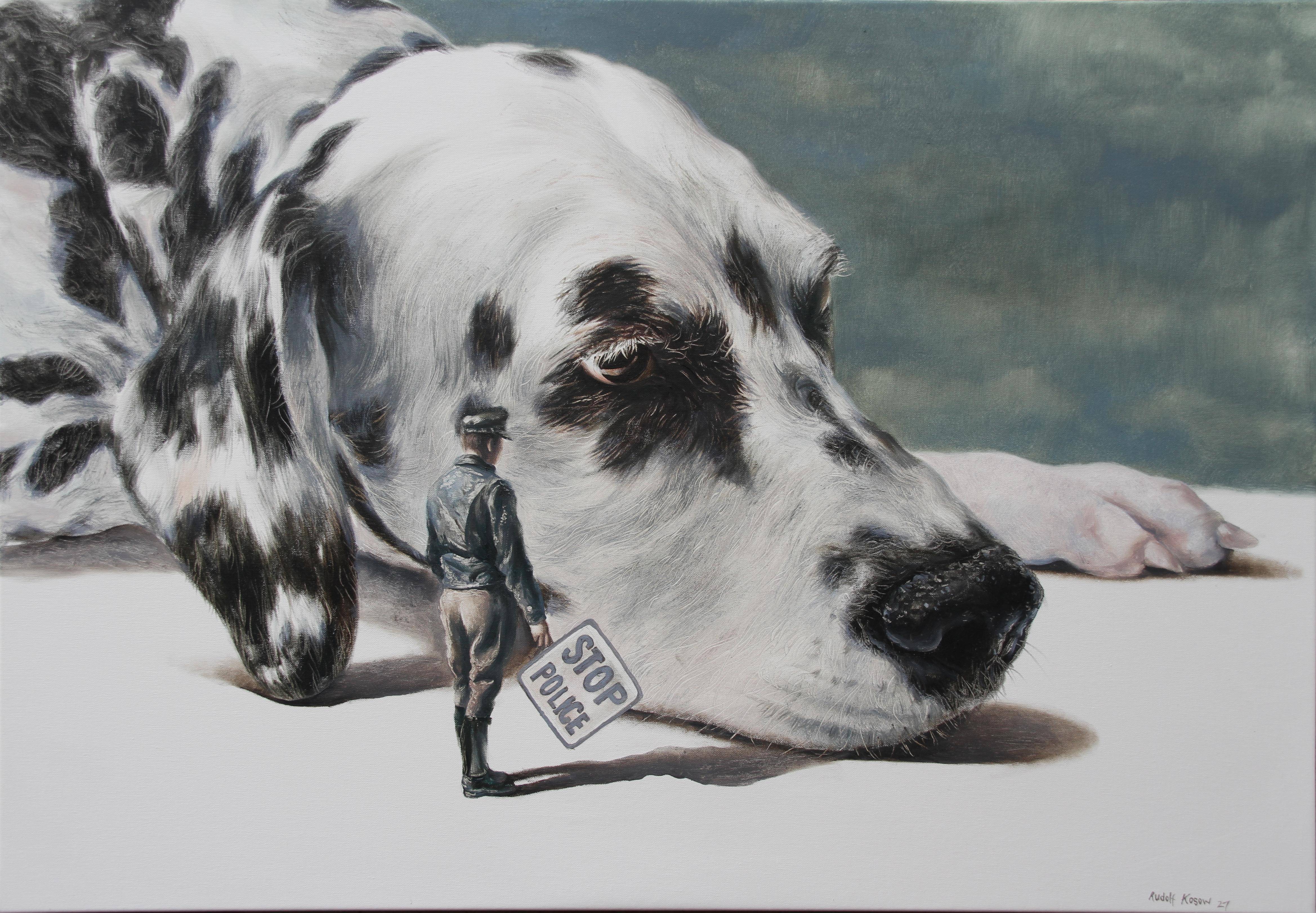 Rudolf Kosow Figurative Painting - Runaway (Dalmatian dog surrealist oil painting man's best friend animal)
