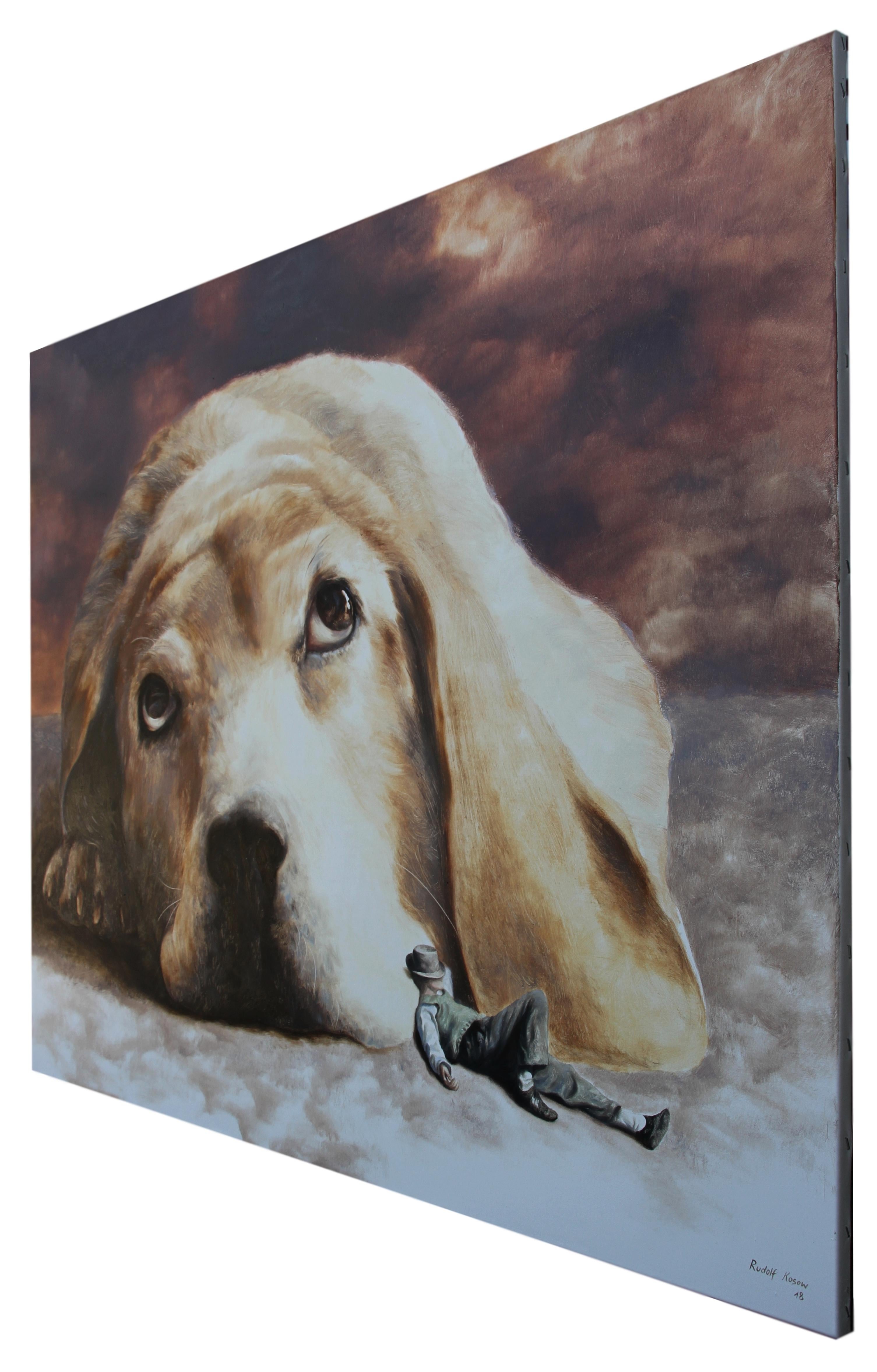 Dog and his friend are on the run, taking a break, taking care of nothing and are happy to
have each other. Despite the impossibility of such a scene in real life, the painter tries to
create a realistic impression by modeling volumes through
