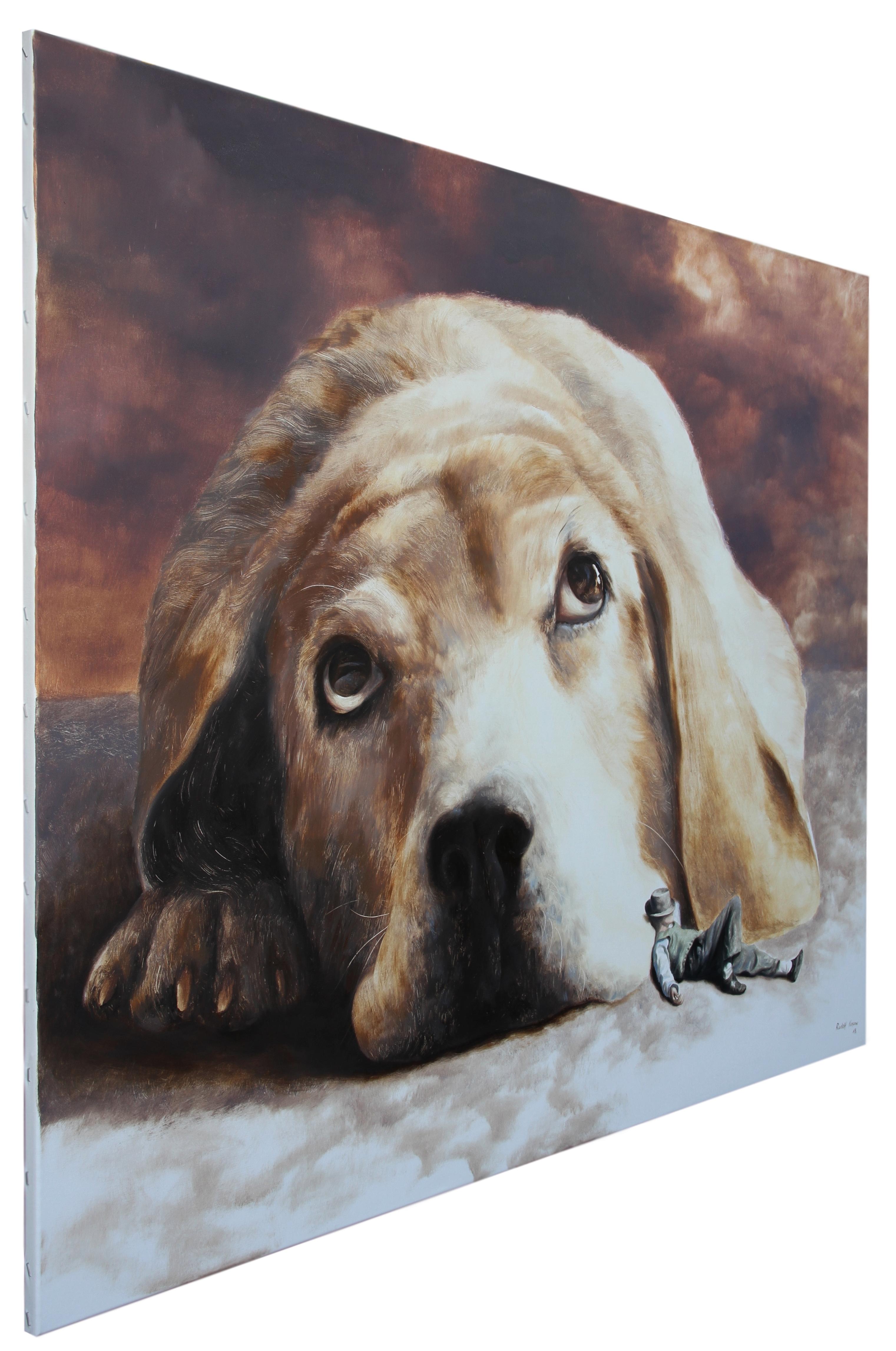 Runaways (surrealist oil painting dog man's best friend figurative animal golden 1