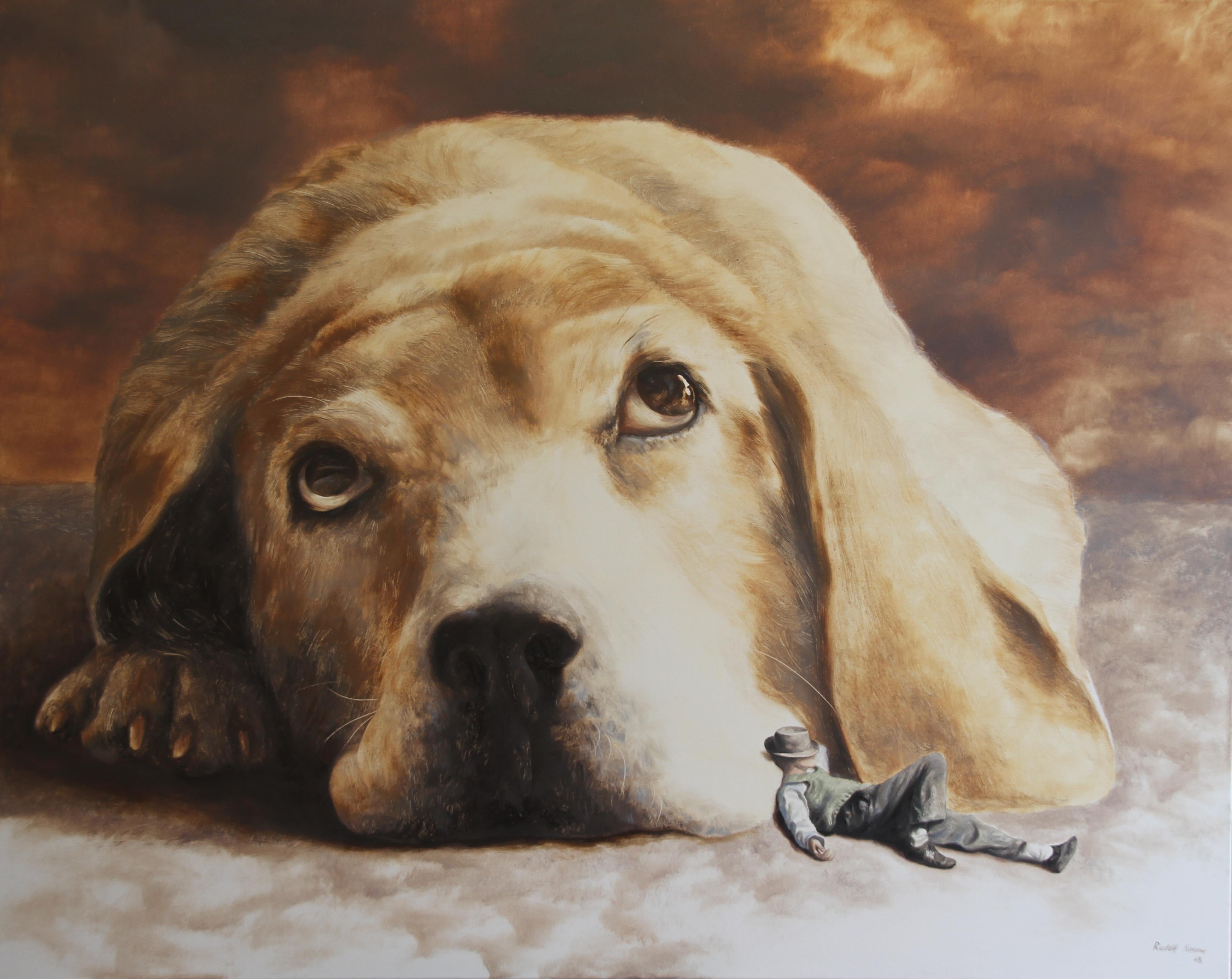 Rudolf Kosow Figurative Painting - Runaways (surrealist oil painting dog man's best friend figurative animal golden