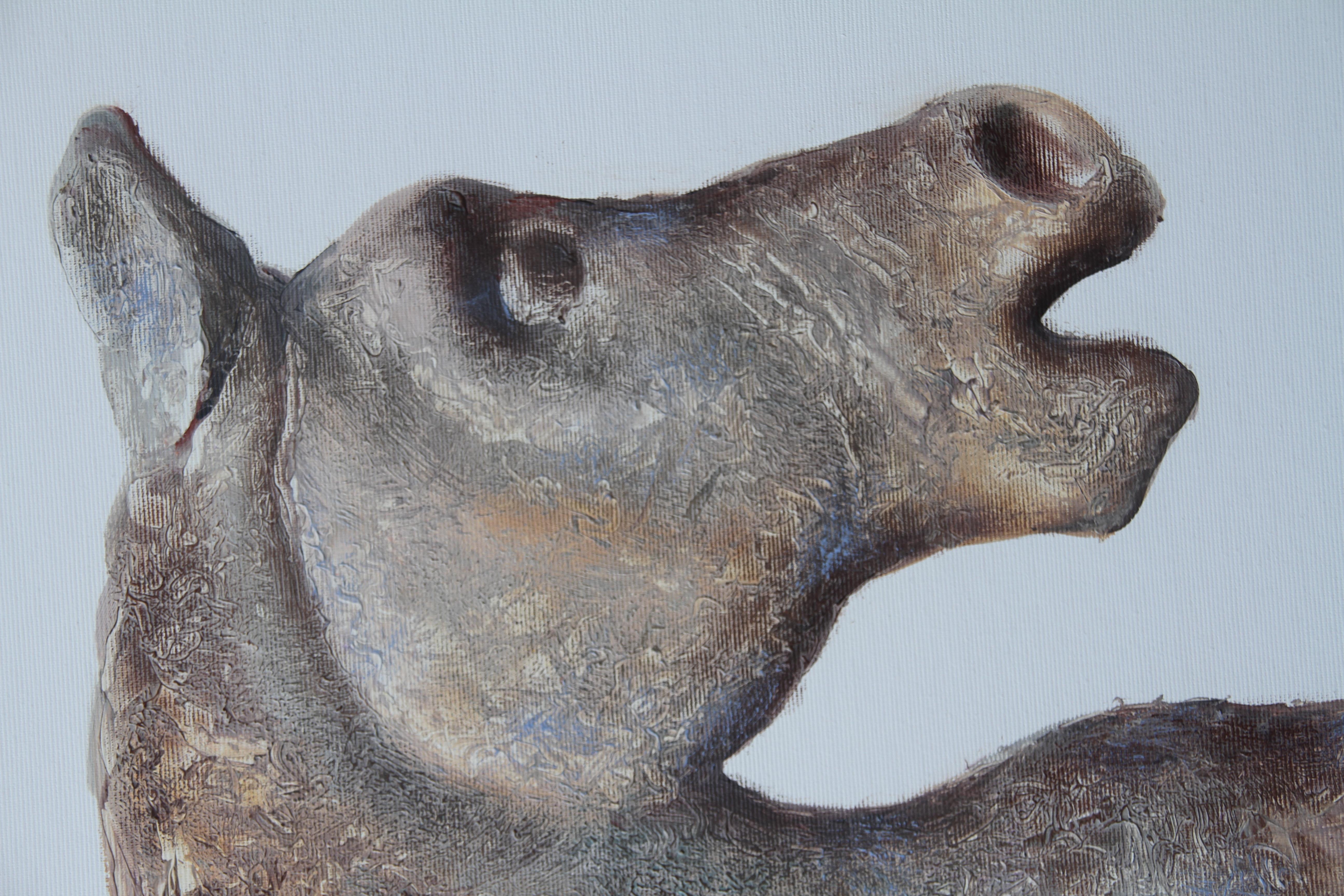 Läufer (surrealistisches Ölgemälde Holz Schaukelpferd équine relic gold medallion) (Grau), Figurative Painting, von Rudolf Kosow