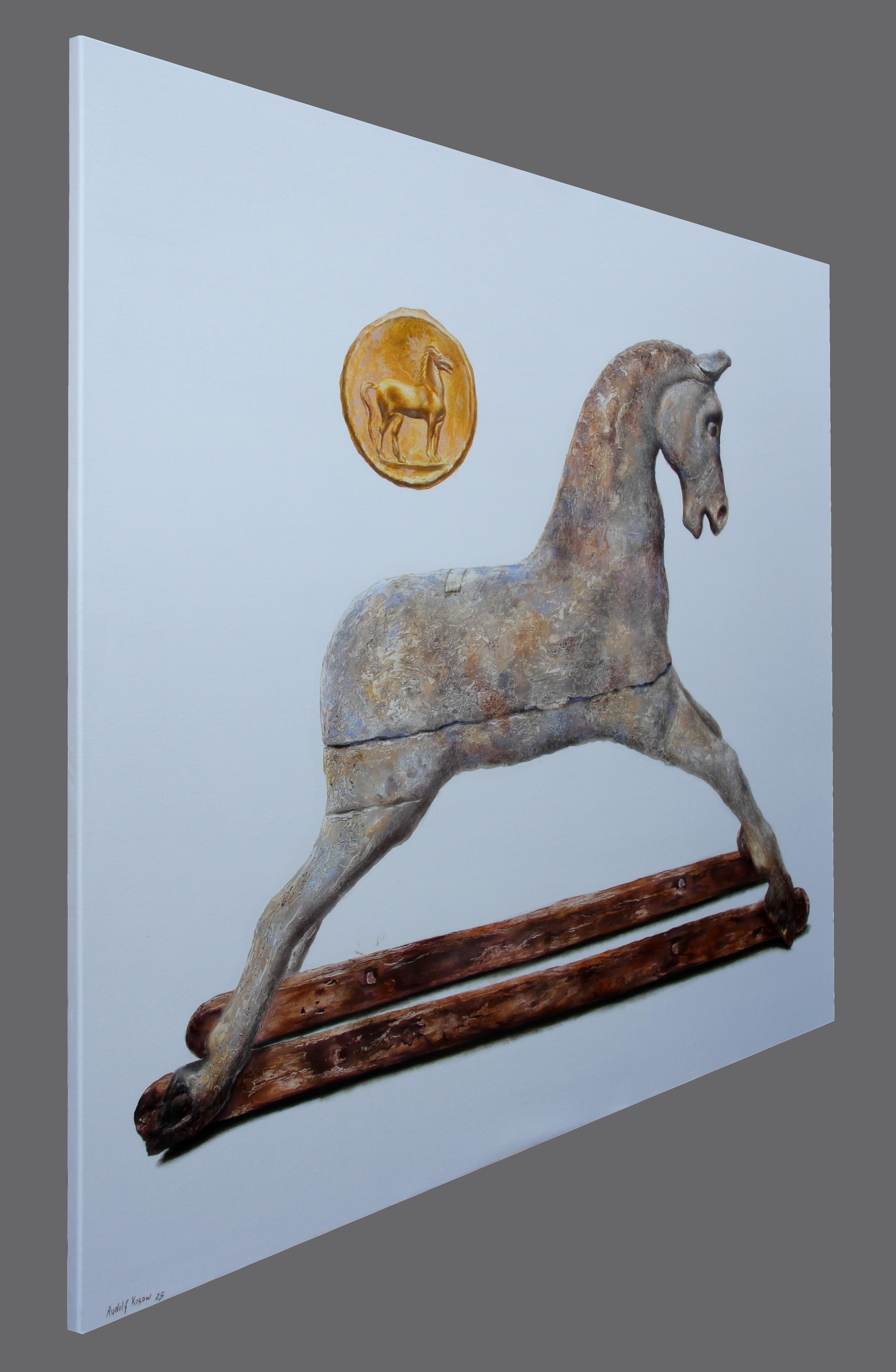 Läufer (surrealistisches Ölgemälde Holz Schaukelpferd équine relic gold medallion) im Angebot 1