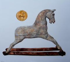 Wood (peinture à l'huile surréaliste bois cheval à bascule équine relique médaillon or)