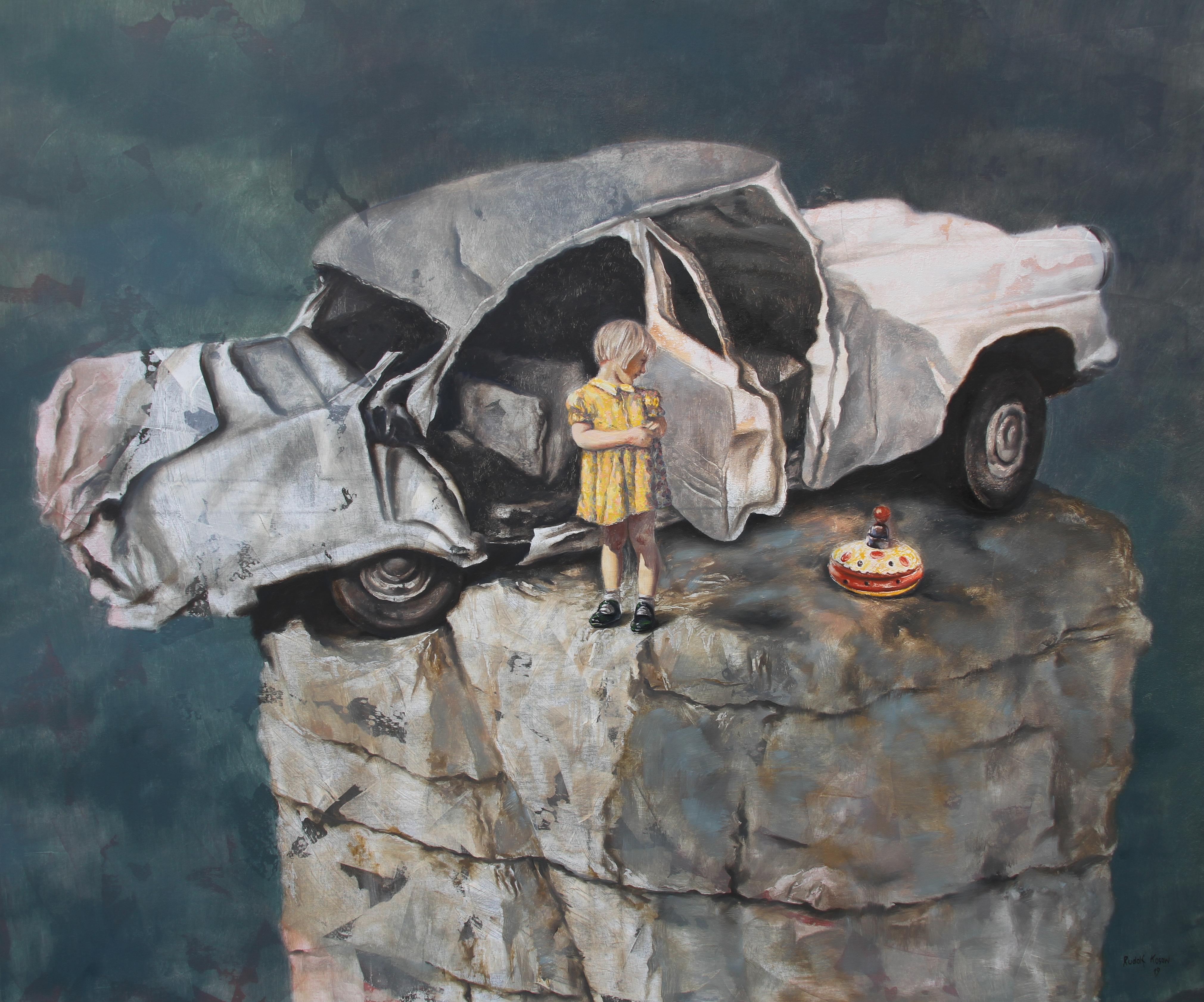 Rudolf Kosow Landscape Painting - Scrappy (car wreck girl yellow dress toy surrealism scale nostalgia vintage)