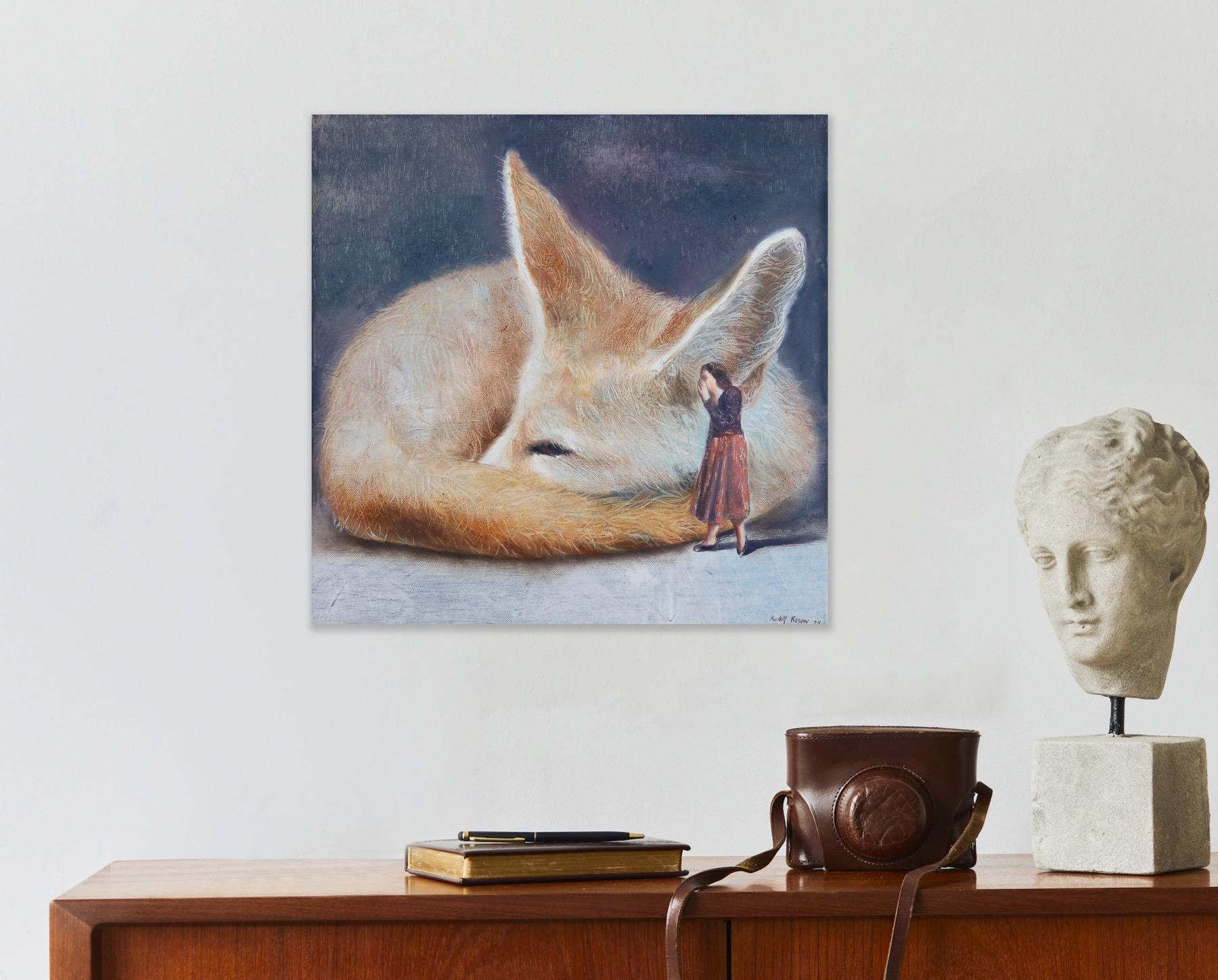 Secret ( fennec, fox, lady, vintage dress, animal, surrealist oil painting) For Sale 7