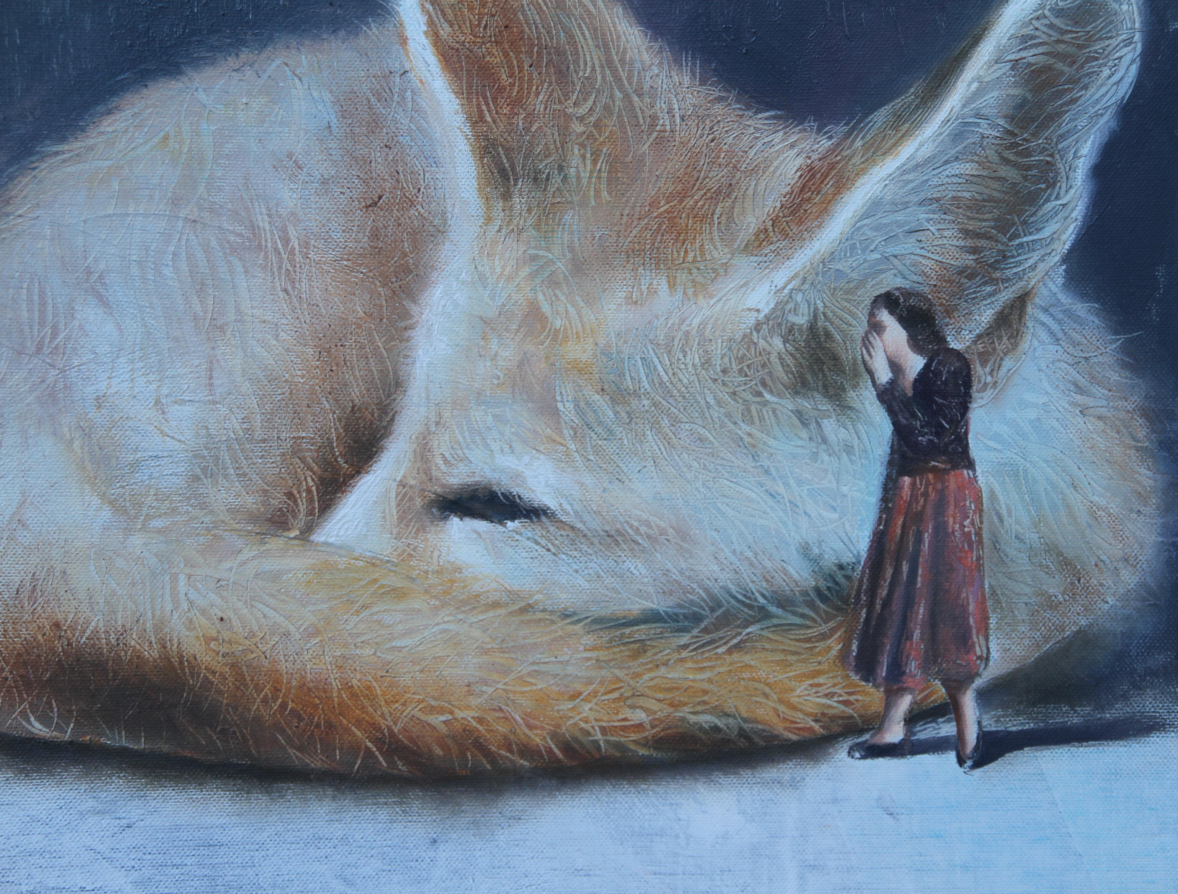 Secret ( Fennec, Fuchs, Dame, Vintage-Kleid, Tier, surrealistisches Ölgemälde) (Surrealismus), Painting, von Rudolf Kosow