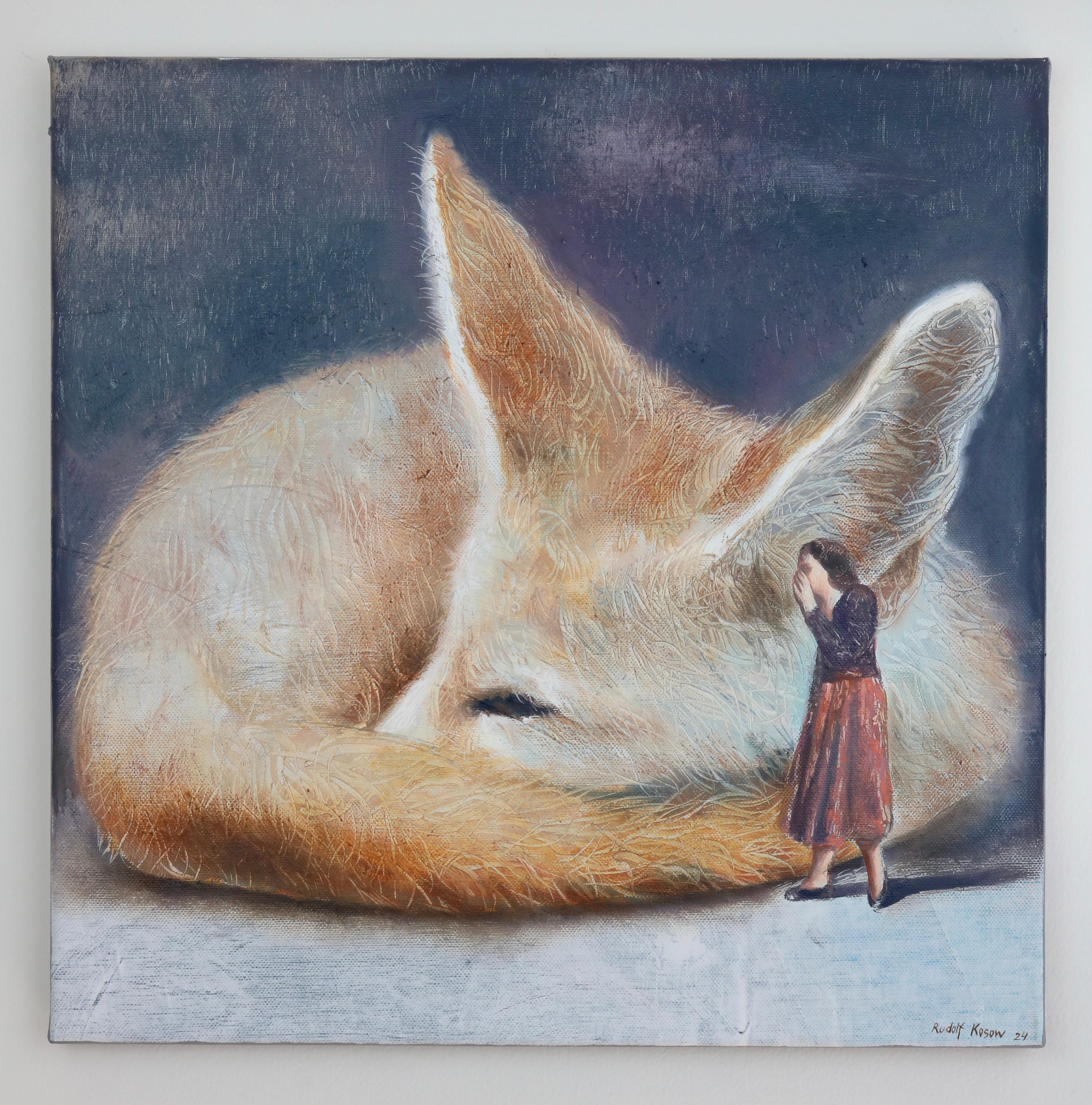 Secret ( fennec, fox, lady, vintage dress, animal, surrealist oil painting) For Sale 1