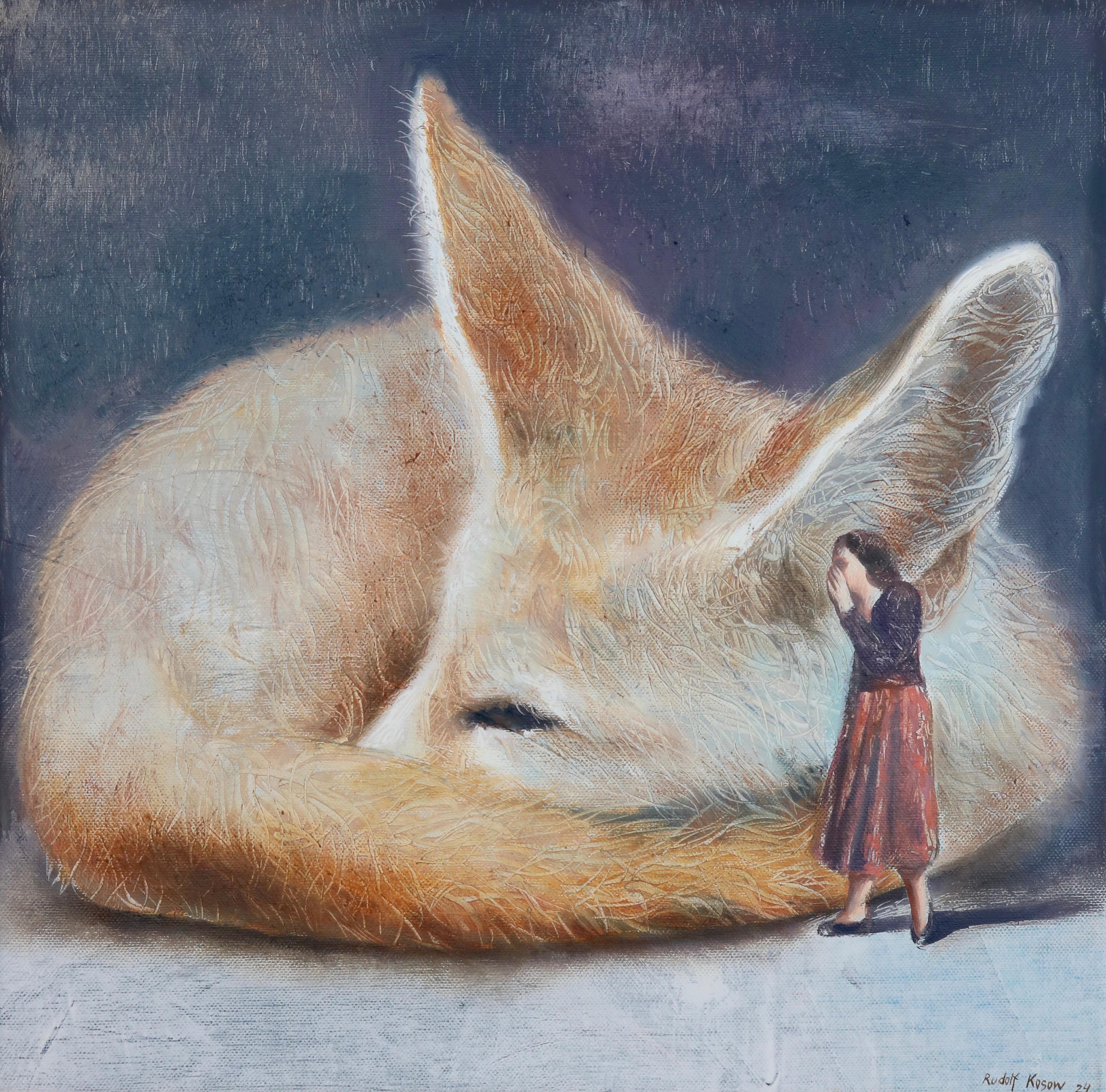 Rudolf Kosow Animal Painting - Secret ( fennec, fox, lady, vintage dress, animal, surrealist oil painting)