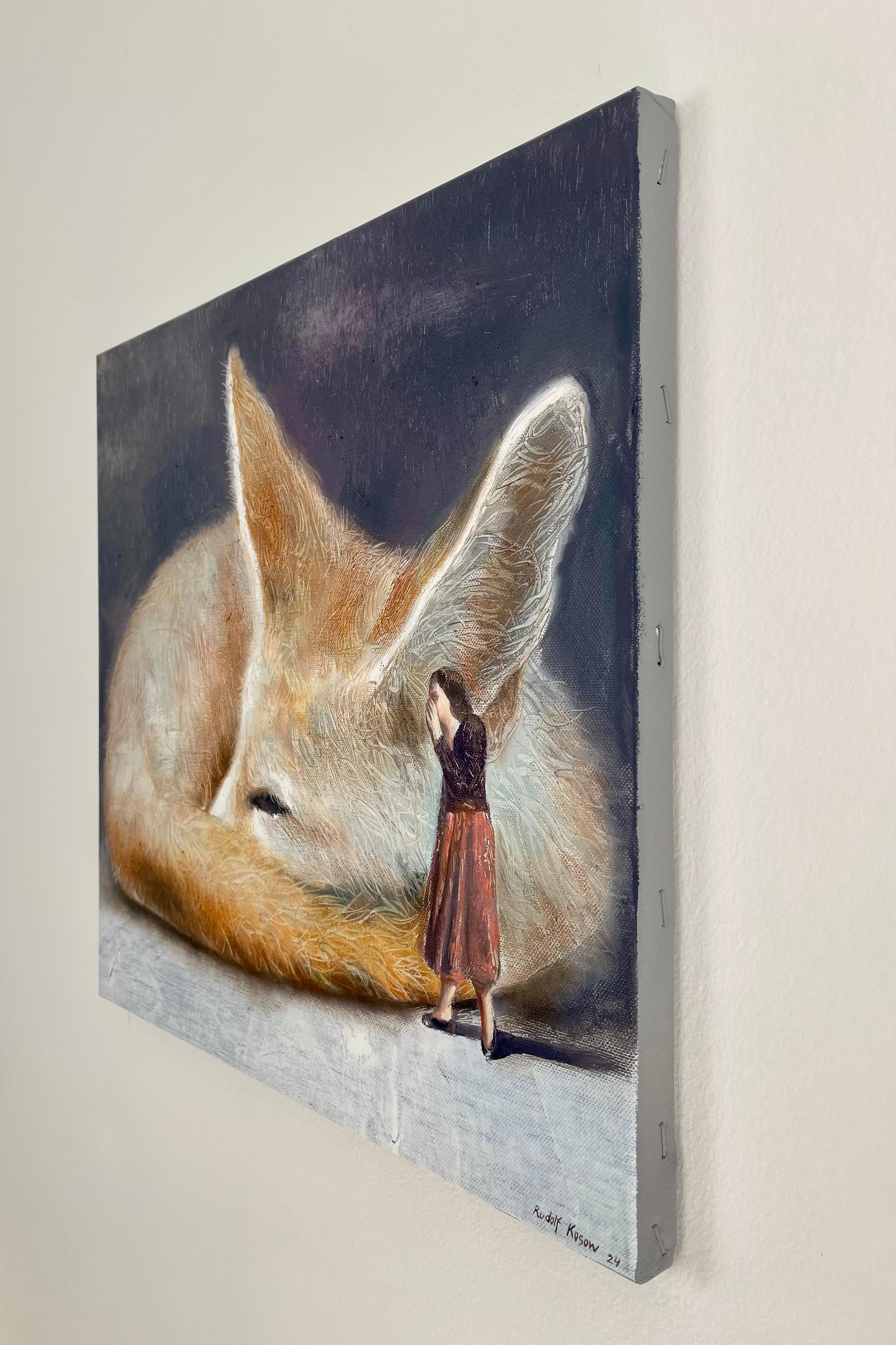 Secret ( fennec, fox, lady, vintage dress, animal, surrealist oil painting) For Sale 2