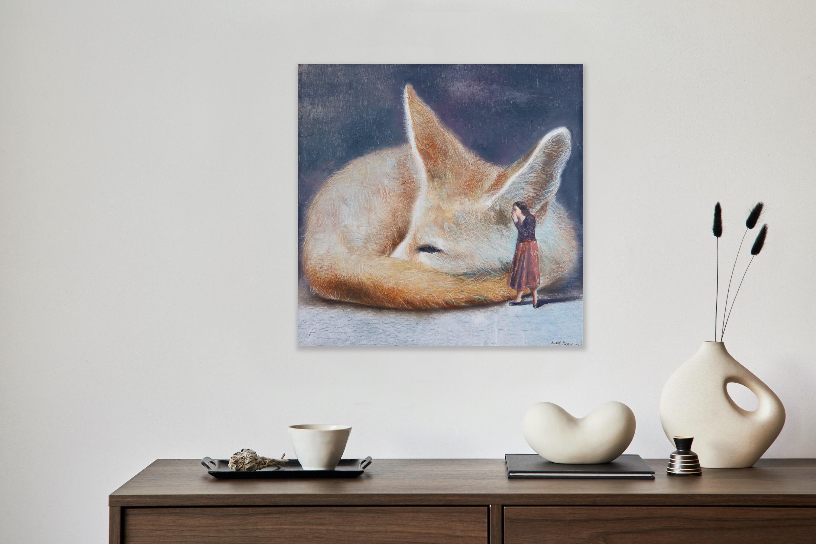 Secret ( fennec, fox, lady, vintage dress, animal, surrealist oil painting) For Sale 4