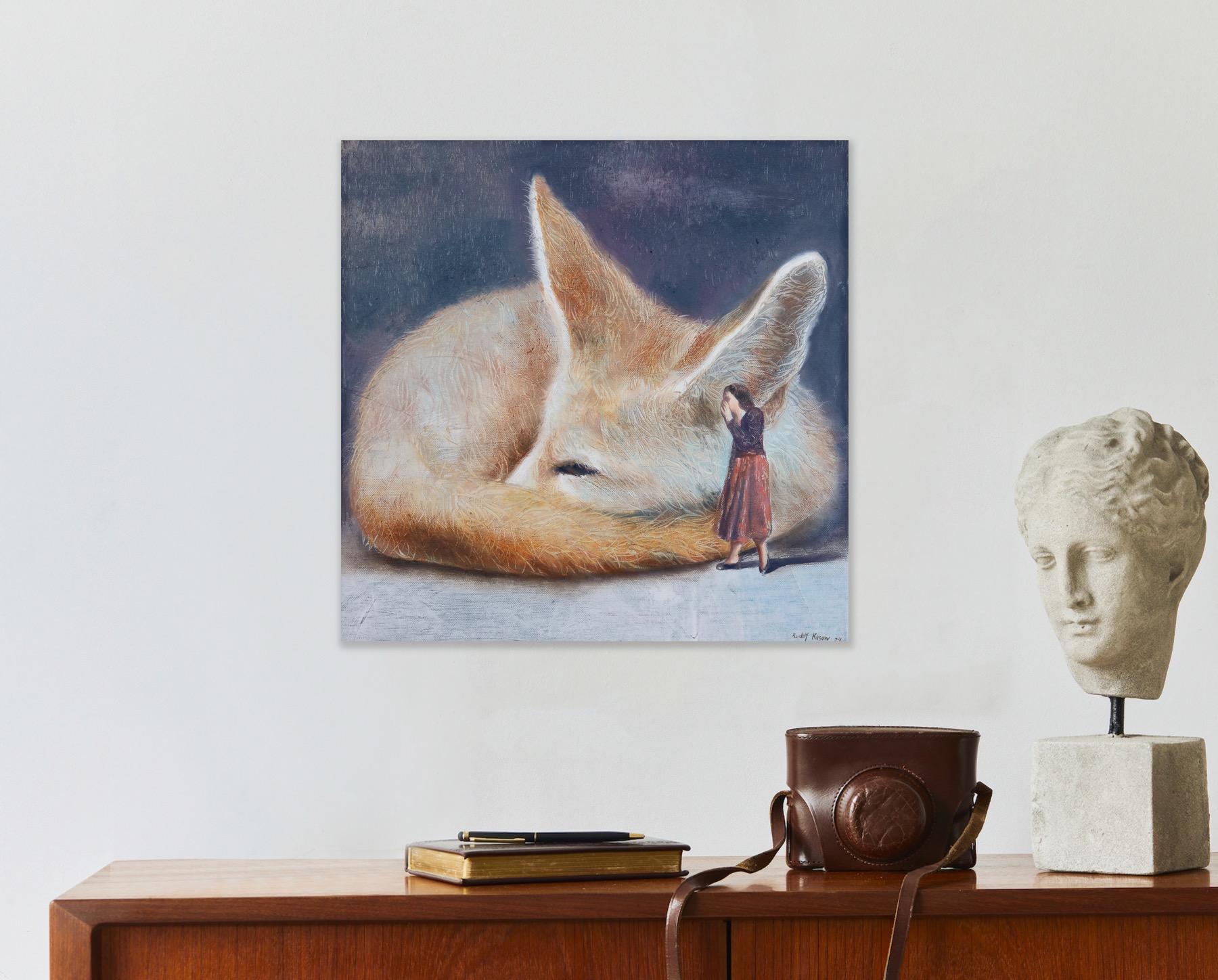 Secret ( fennec, fox, lady, vintage dress, animal, surrealist oil painting) For Sale 5