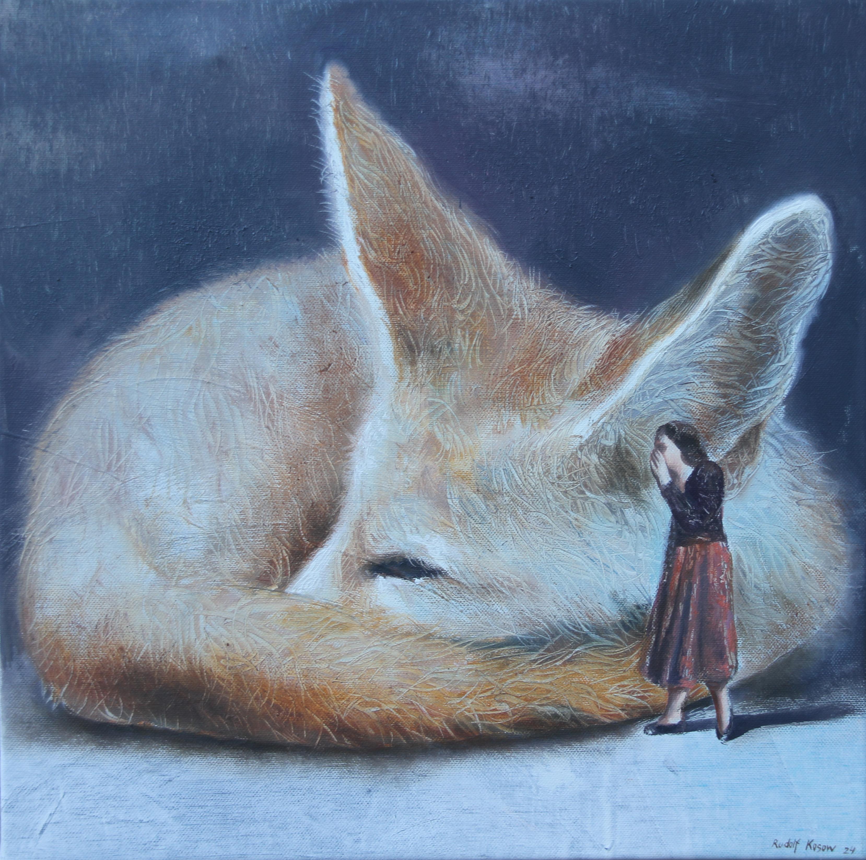 Secret ( fennec, fox, lady, vintage dress, animal, surrealist oil painting) - Painting by Rudolf Kosow