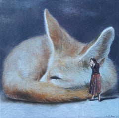 Secret (femme, renard, dame, robe vintage, animal, peinture à l'huile surréaliste)